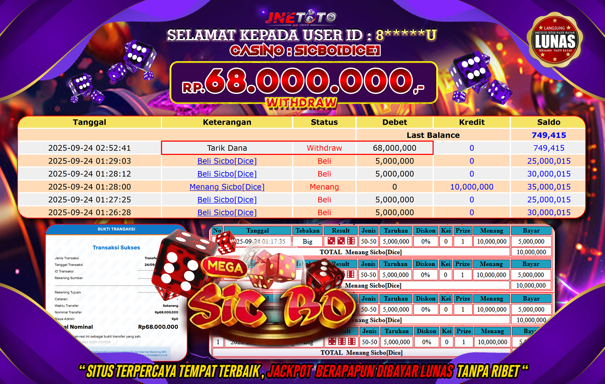 Bukti Jackpot JNETOTO di CASINO : Sicbo Dice Rp,68.000.000 LUNAS!