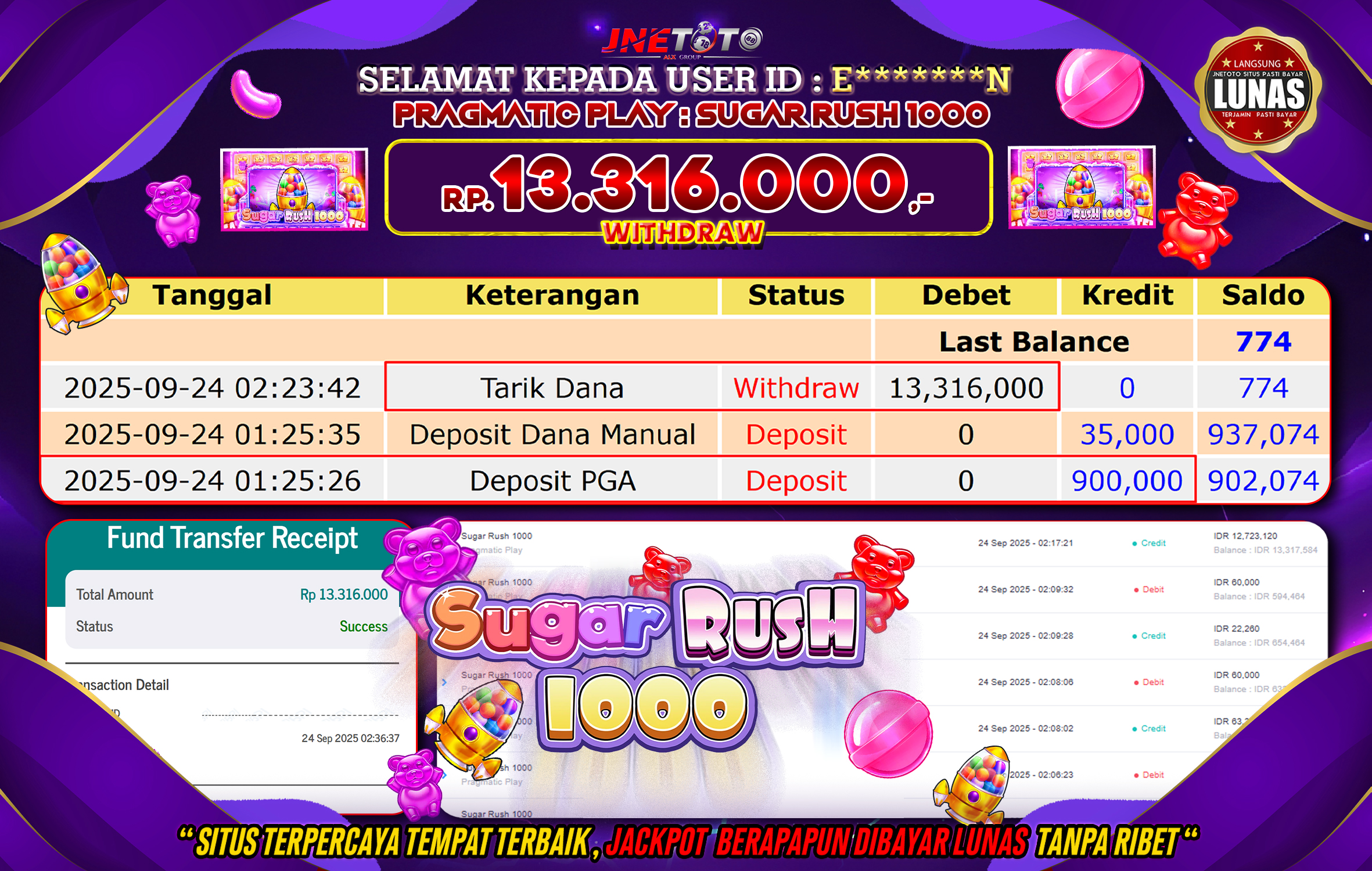 Bukti Jackpot JNETOTO di PRAGMATIC PLAY : Sugar Rush 1000 Rp,13.316.000 LUNAS!