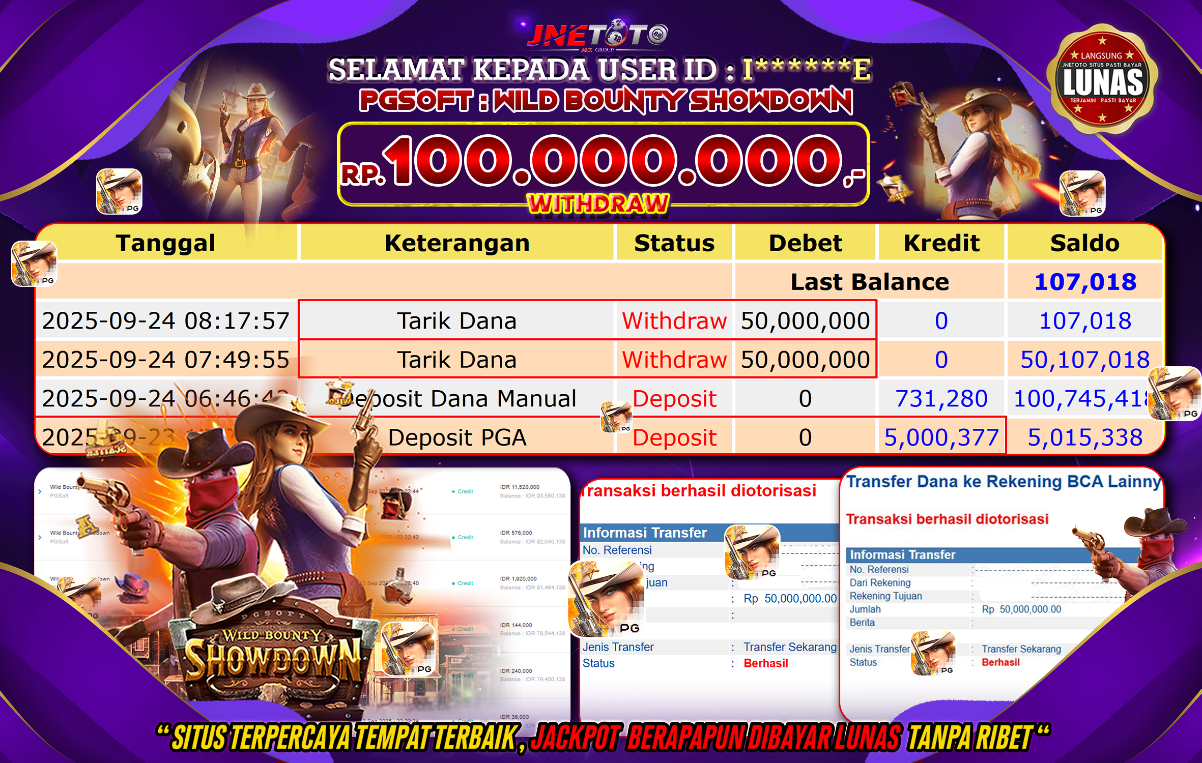 Bukti Jackpot JNETOTO di PG SOFT : Wild Bounty Showdown Rp,100.000.000 LUNAS!