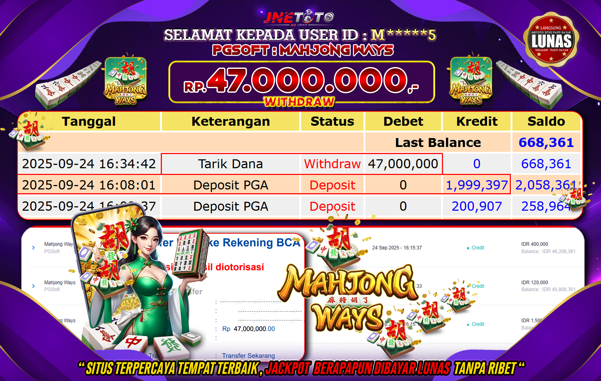 Bukti Jackpot JNETOTO di PG SOFT : Mahjong Ways Rp,47.000.000 LUNAS!