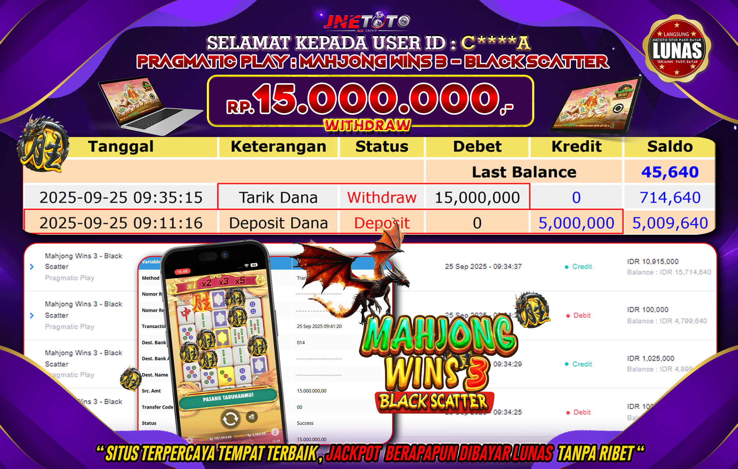 Bukti Jackpot JNETOTO di PRAGMATIC PLAY : Mahjong Wins 3 - Black Scatter Rp,15.000.000 LUNAS!