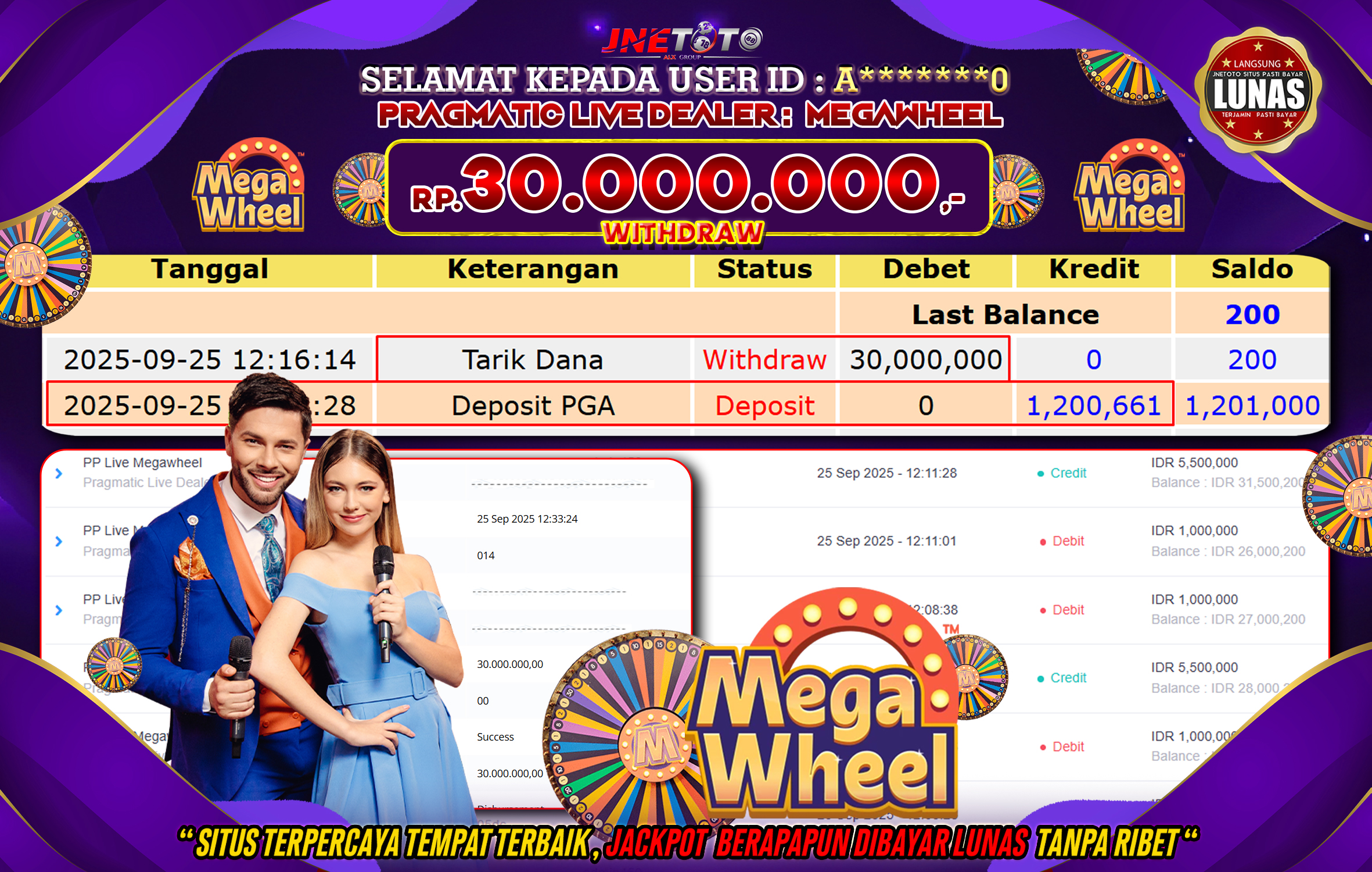 Bukti Jackpot JNETOTO di PRAGMATIC LIVE : Mega Wheel Rp,30.000.000 LUNAS!