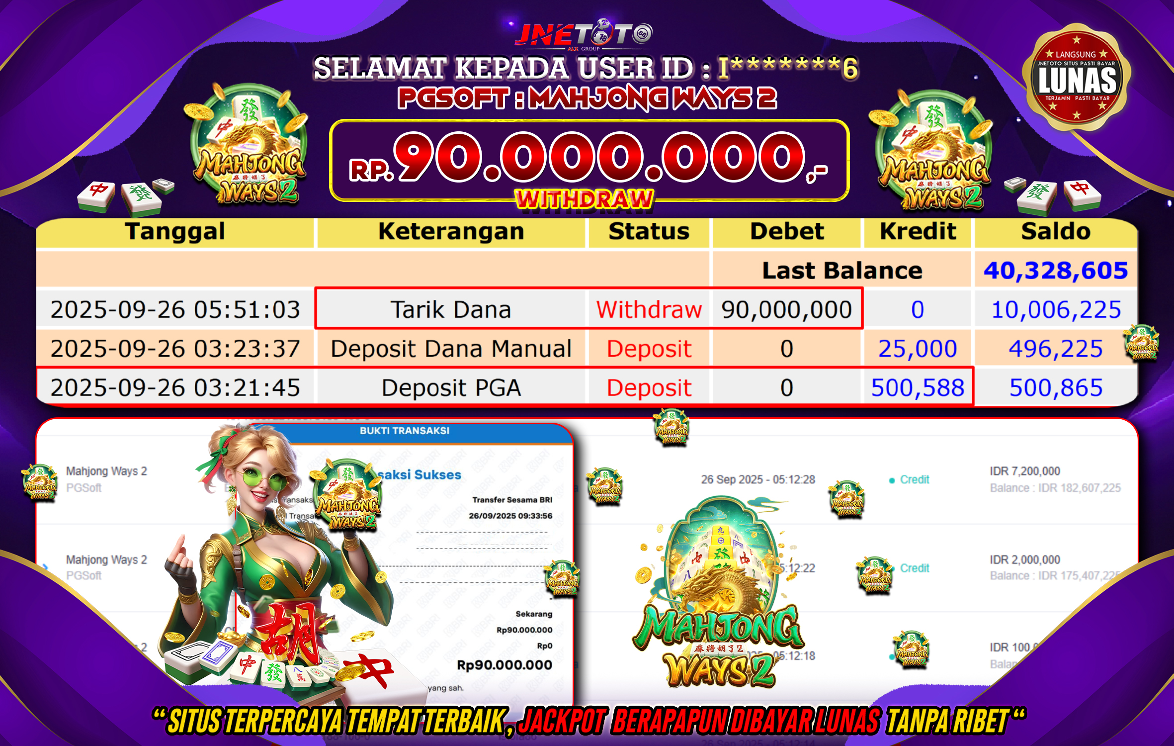 Bukti Jackpot JNETOTO di PG SOFT : Mahjong Ways 2 Rp,90.000.000 LUNAS!