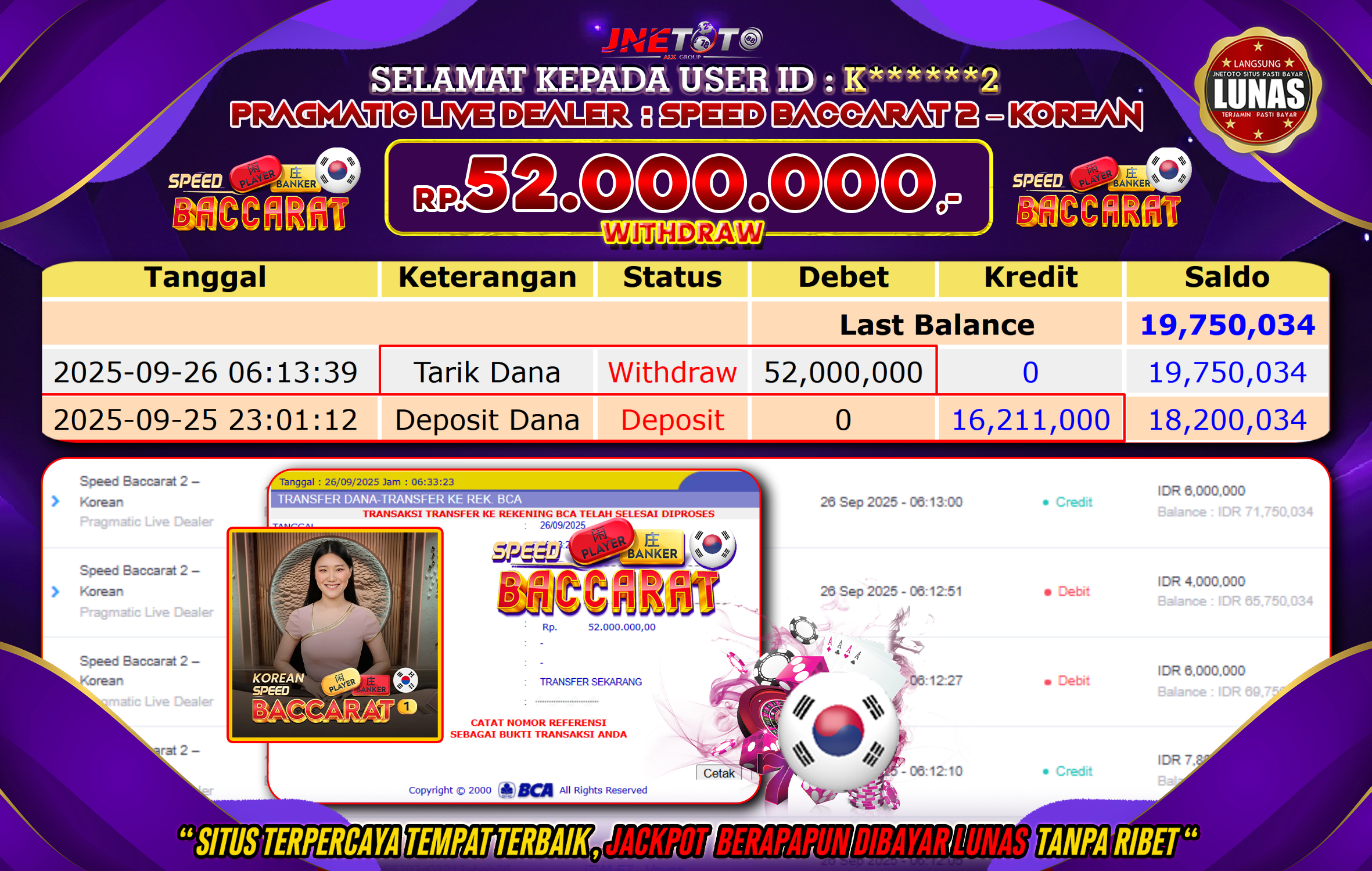 Bukti Jackpot JNETOTO di PRAGMATIC LIVE DEALER : Speed Baccarat 2 - Korean Rp,52.000.000 LUNAS!