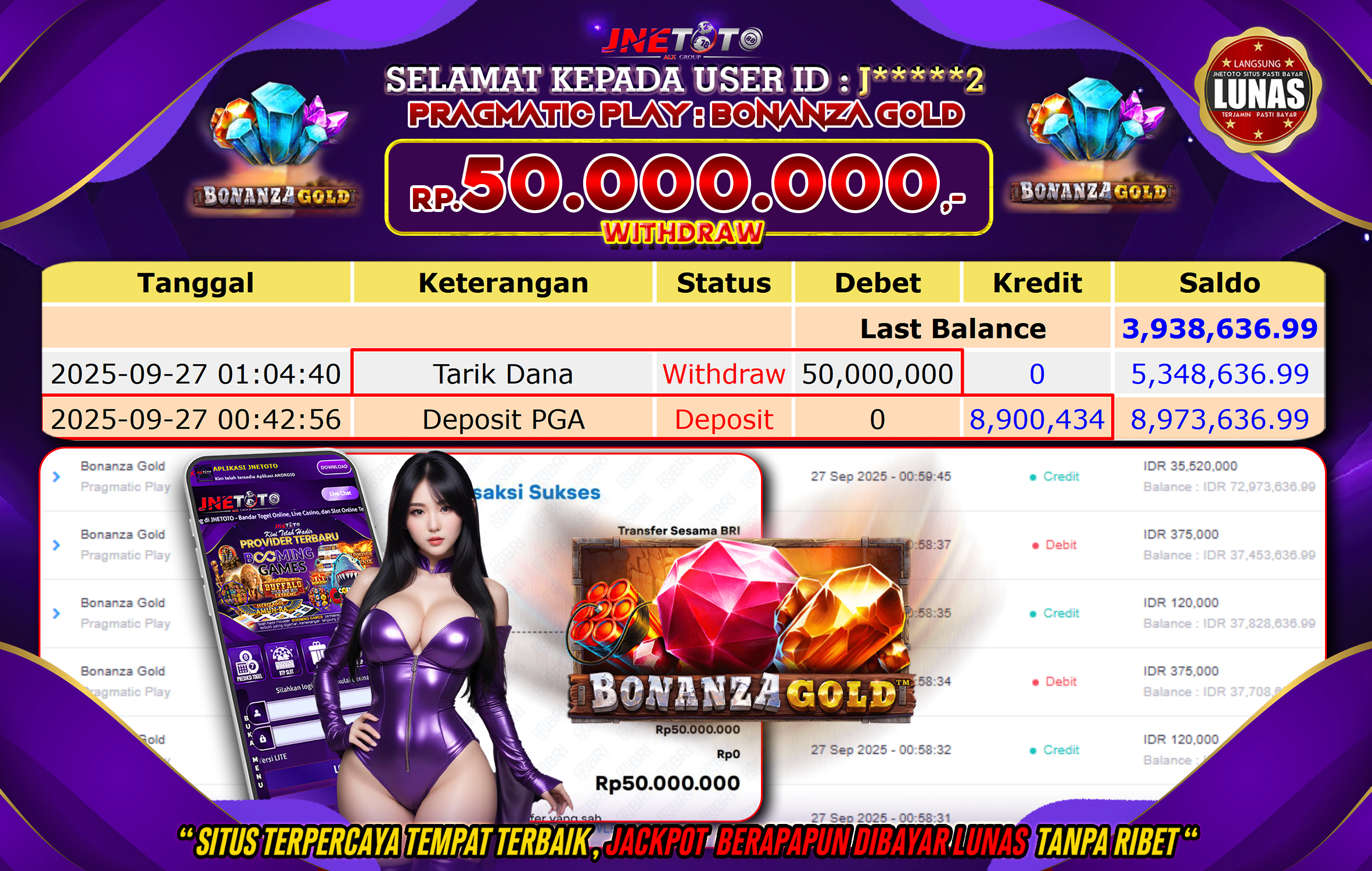 Bukti Jackpot JNETOTO di PRAGMATIC PLAY : Bonanza Gold Rp,50.000.000 LUNAS!