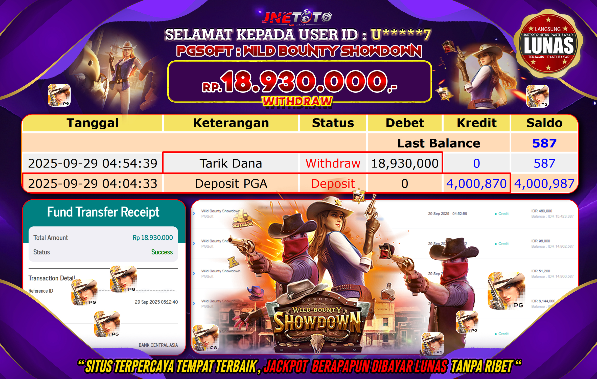 Bukti Jackpot JNETOTO di PG SOFT : Wild Bounty Showdown Rp,18.930.000 LUNAS!