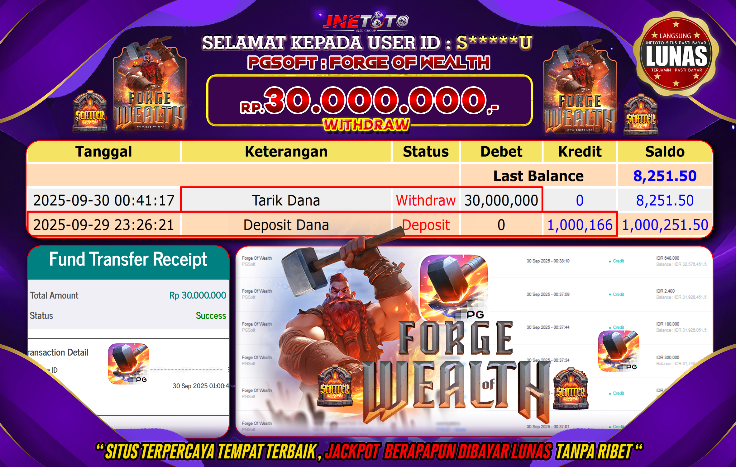 Bukti Jackpot JNETOTO di PG SOFT : Forge Of Wealth Rp,30.000.000 LUNAS!