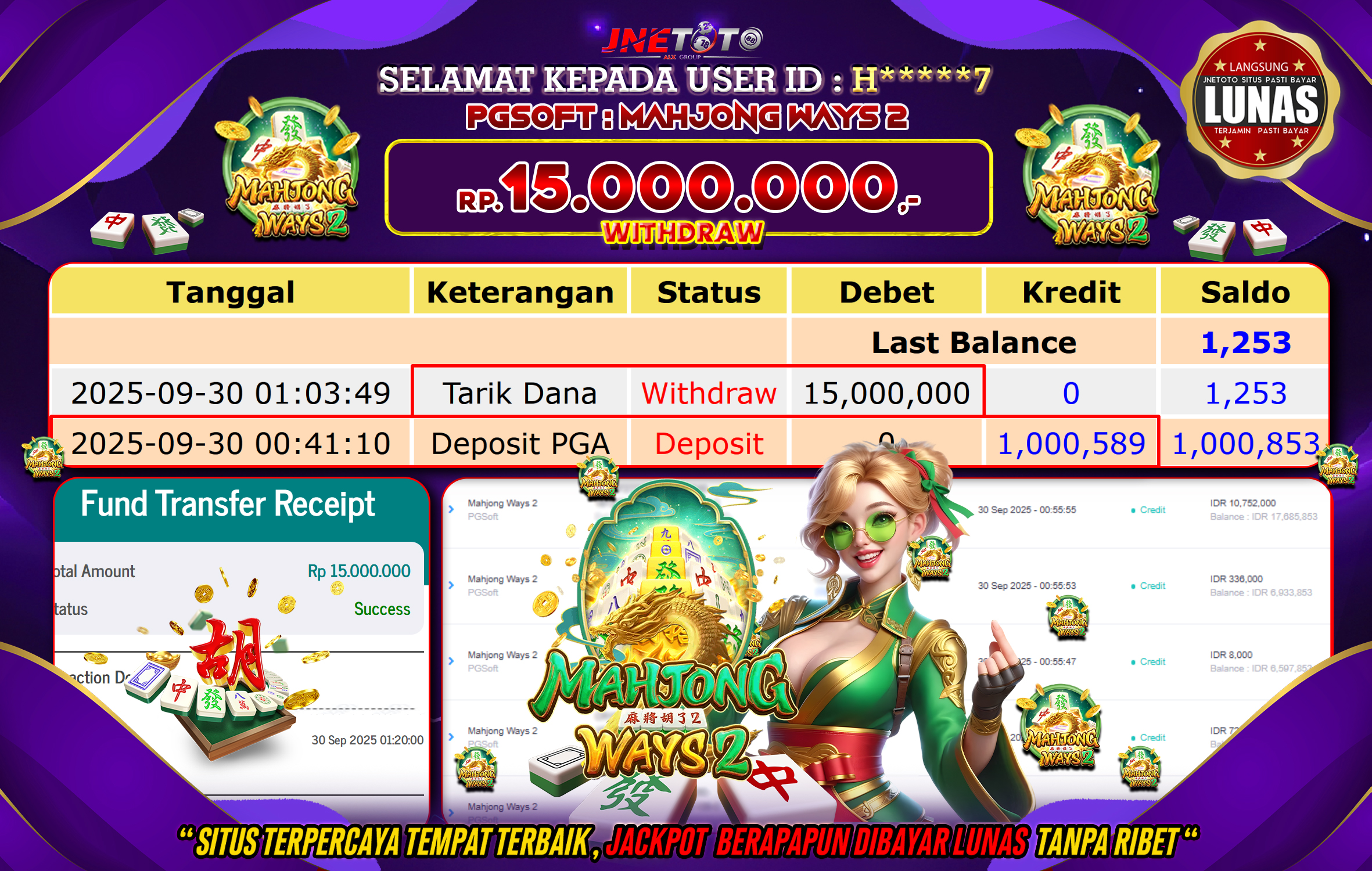 Bukti Jackpot JNETOTO di PG SOFT : Mahjong Ways 2 Rp,15.000.000 LUNAS!