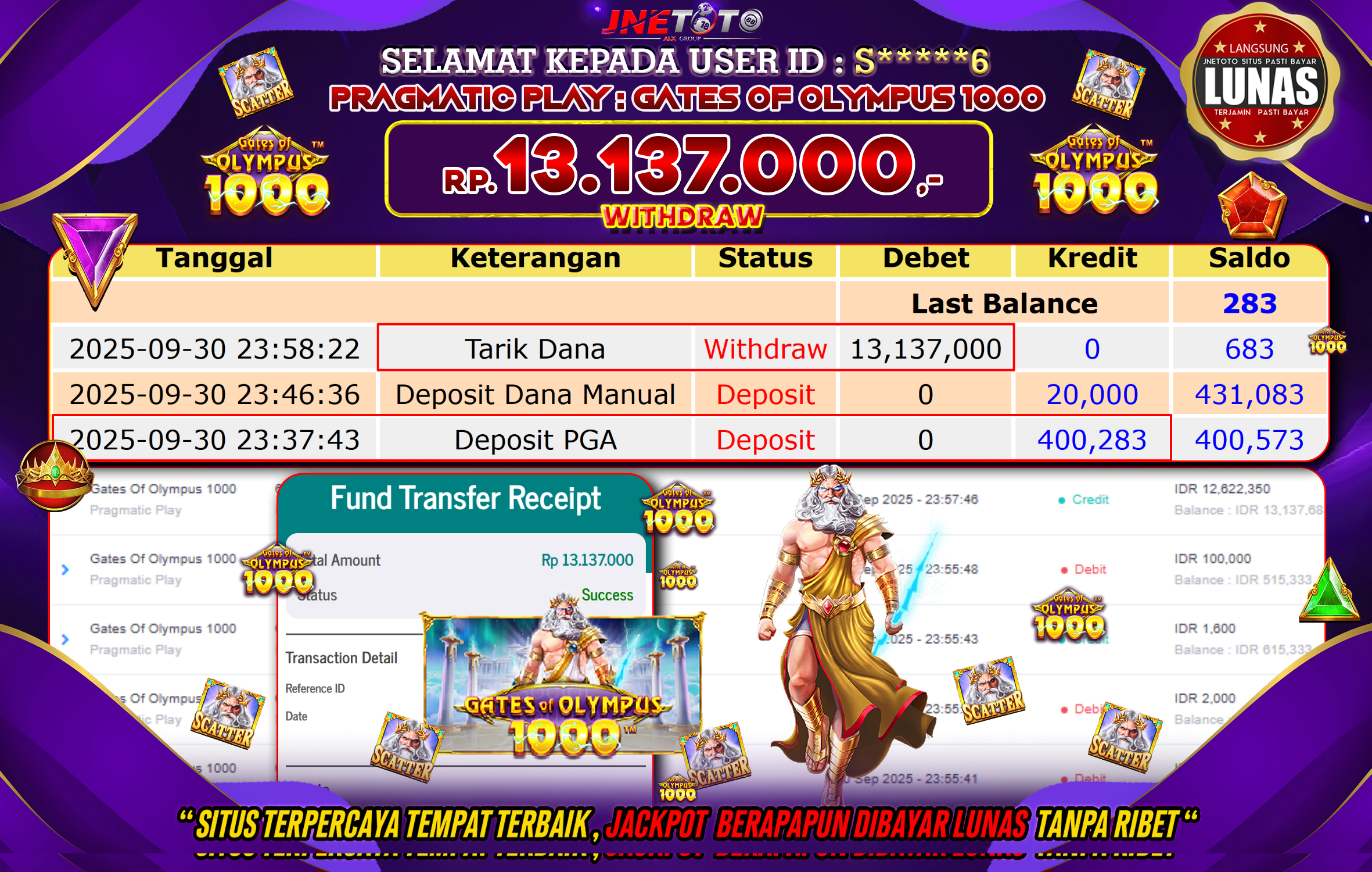 Bukti Jackpot JNETOTO di PRAGMATIC PLAY : Gates Of Olympus 1000 Rp,13.137.000 LUNAS!
