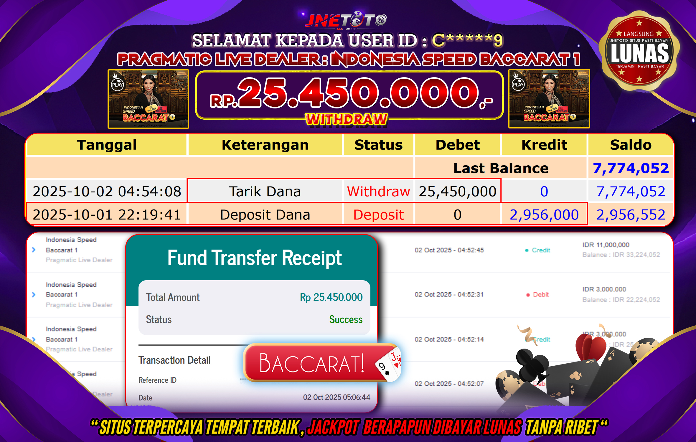Bukti Jackpot JNETOTO di PRAGMATIC LIVE DEALER : Indonesia Speed Baccarat 1 Rp,25.450.000 LUNAS!