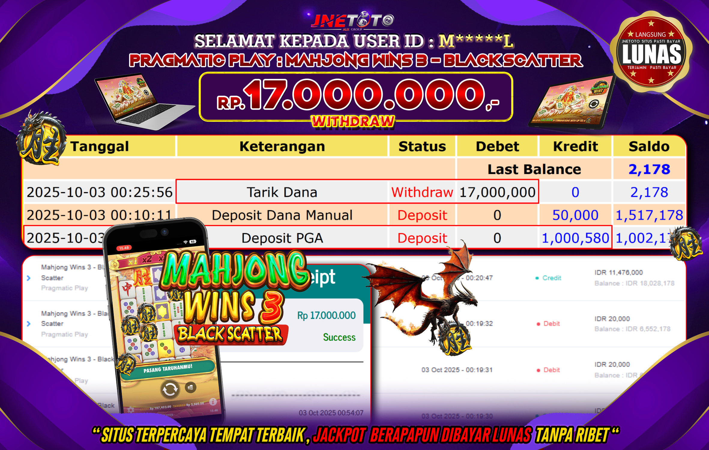 Bukti Jackpot JNETOTO di PRAGMATIC PLAY : Mahjong Wins 3 - Black Scatter Rp,17.000.000 LUNAS!
