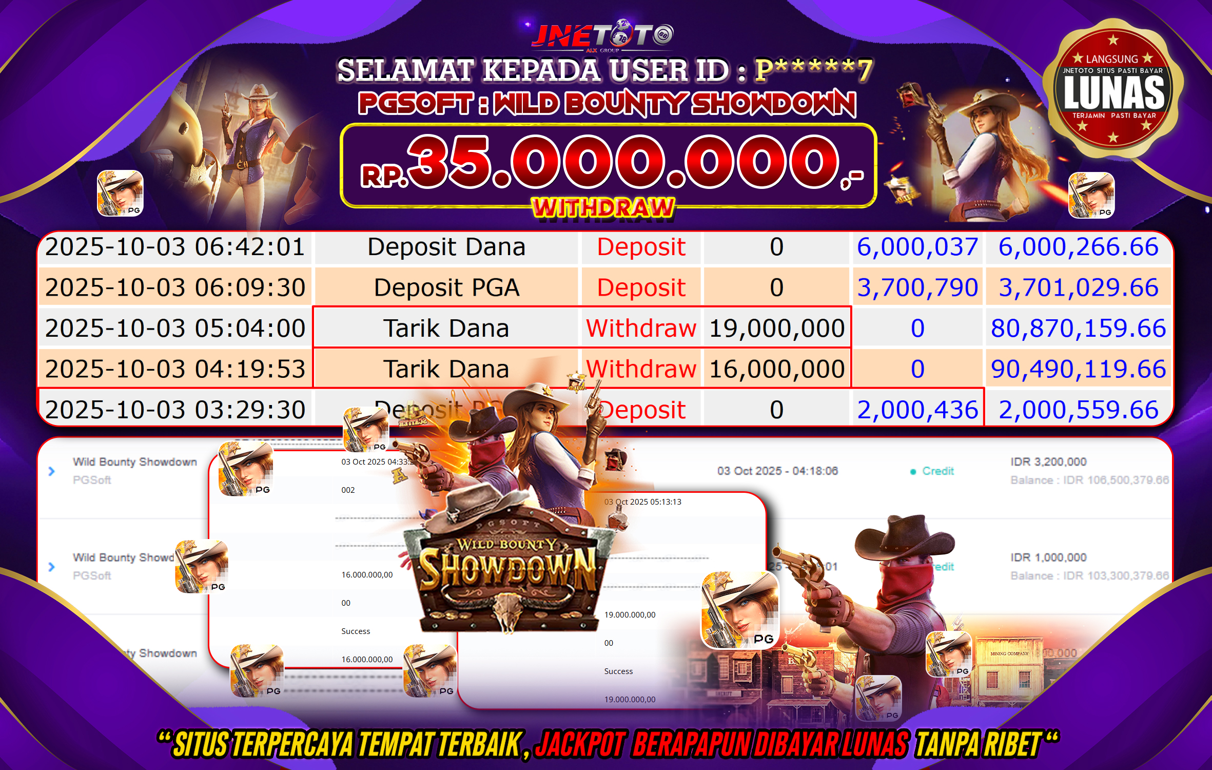 Bukti Jackpot JNETOTO di PG SOFT : Wild Bounty Showdown Rp,35.000.000 LUNAS!
