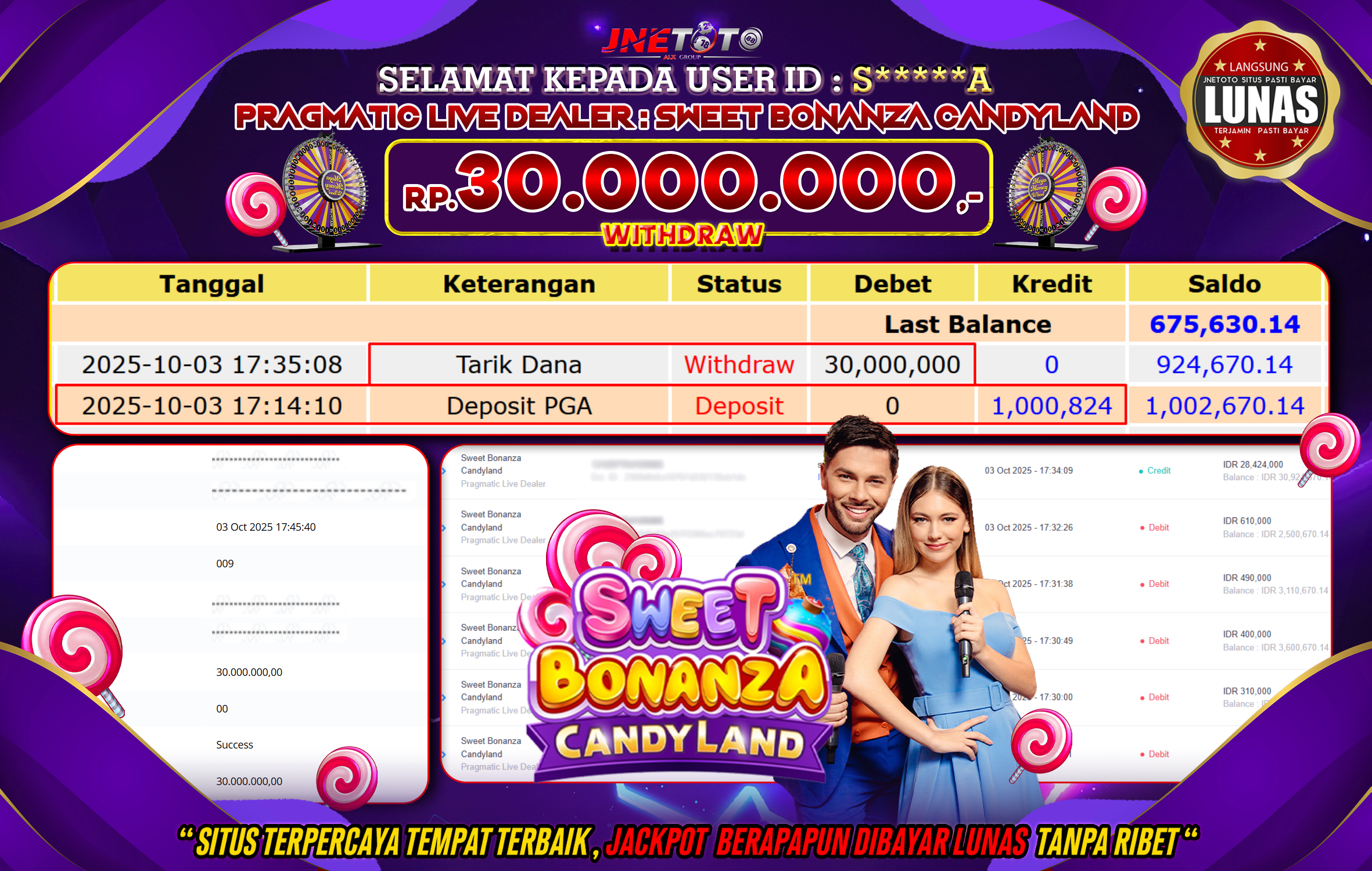 Bukti Jackpot JNETOTO di PRAGMATIC LIVE DEALER :  Sweet Bonanza Candy Land Rp,30.000.000 LUNAS!