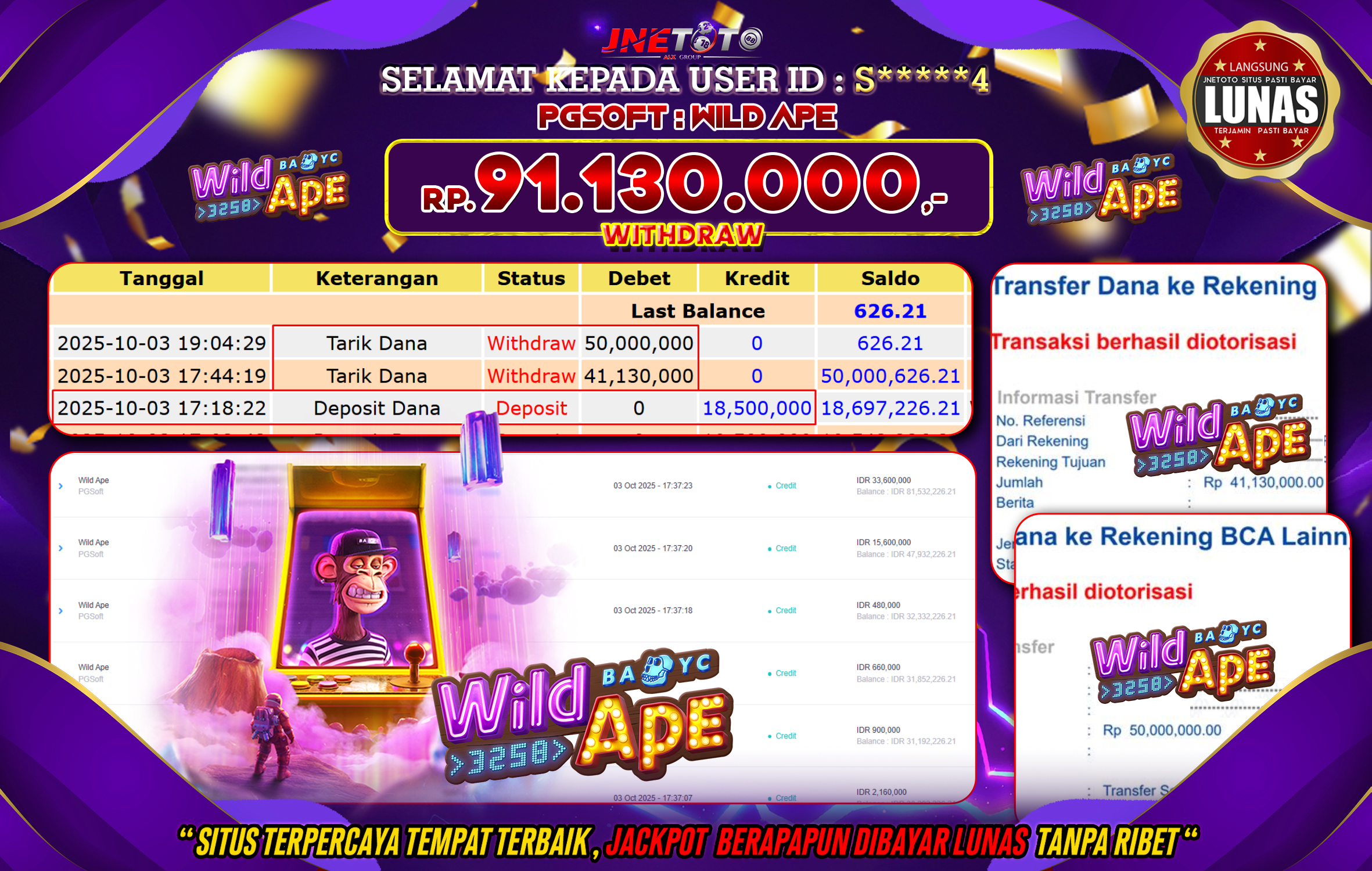 Bukti Jackpot JNETOTO di PG SOFT : Wild Ape Rp,91.130.000 LUNAS!
