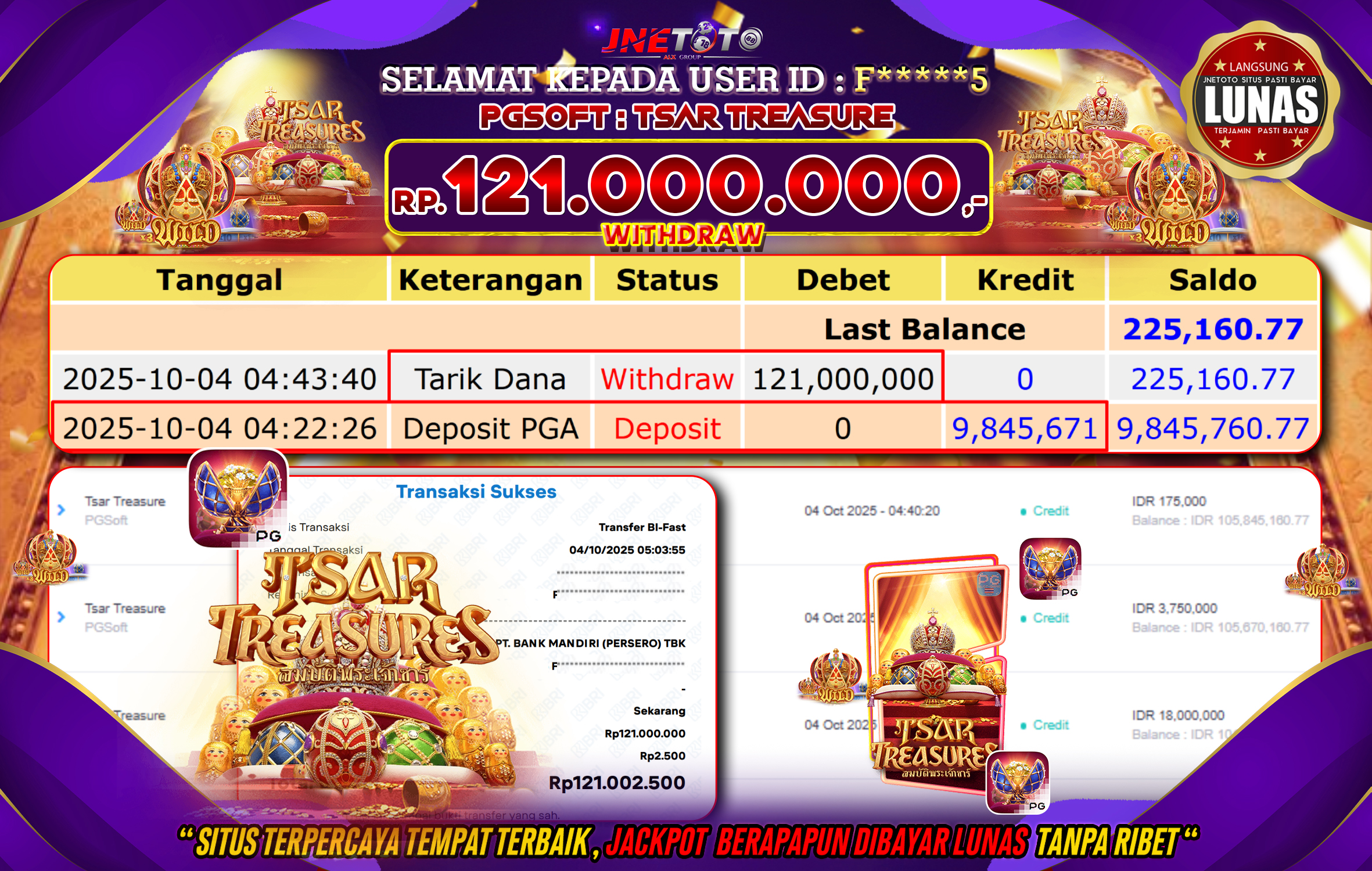 Bukti Jackpot JNETOTO di PG SOFT : Tsar Treasure Rp,30.000.000 LUNAS!