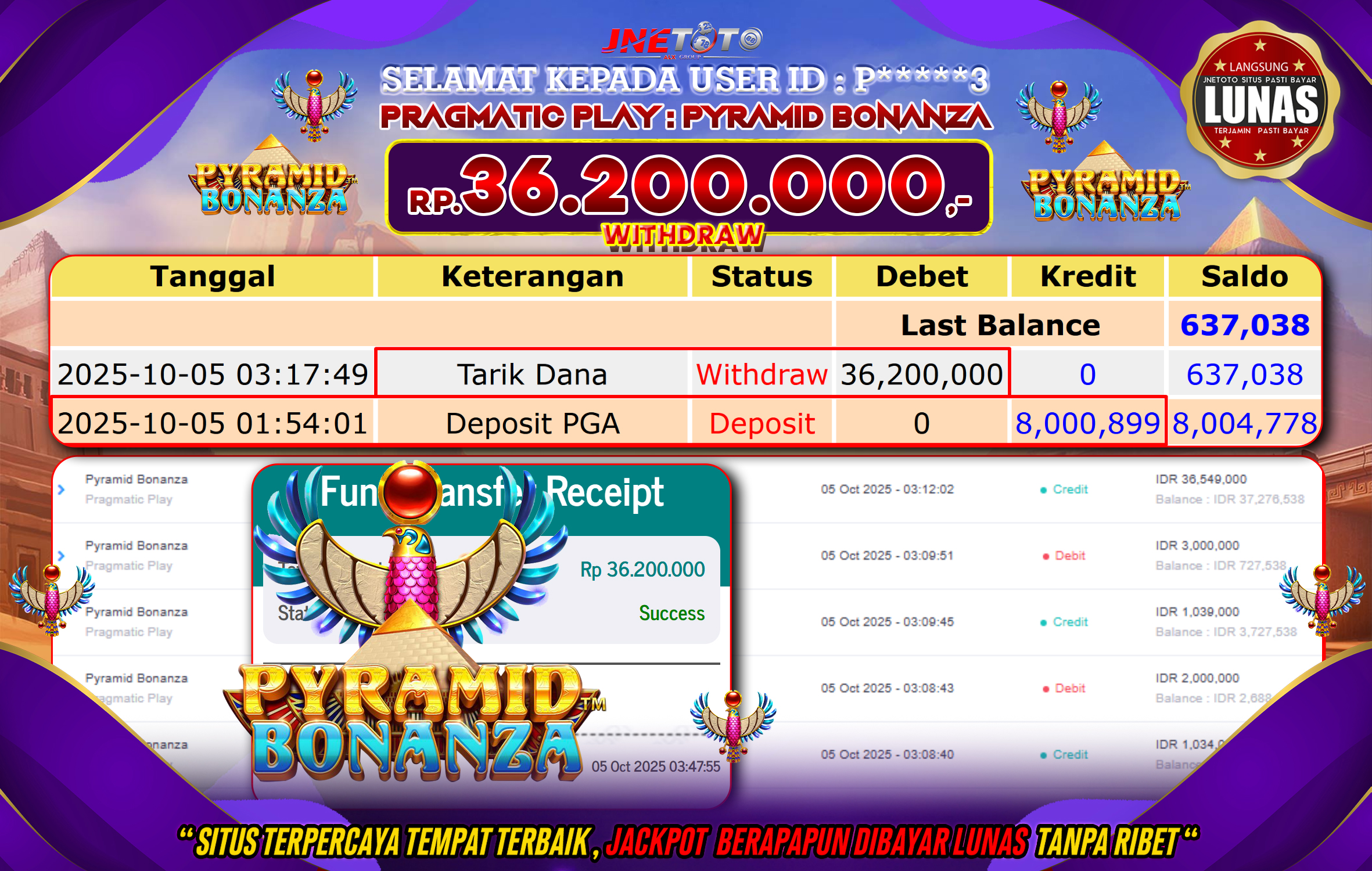 Bukti Jackpot JNETOTO di PRAGMATIC PLAY : Pyramid Bonanza Rp,36.200.000 LUNAS!