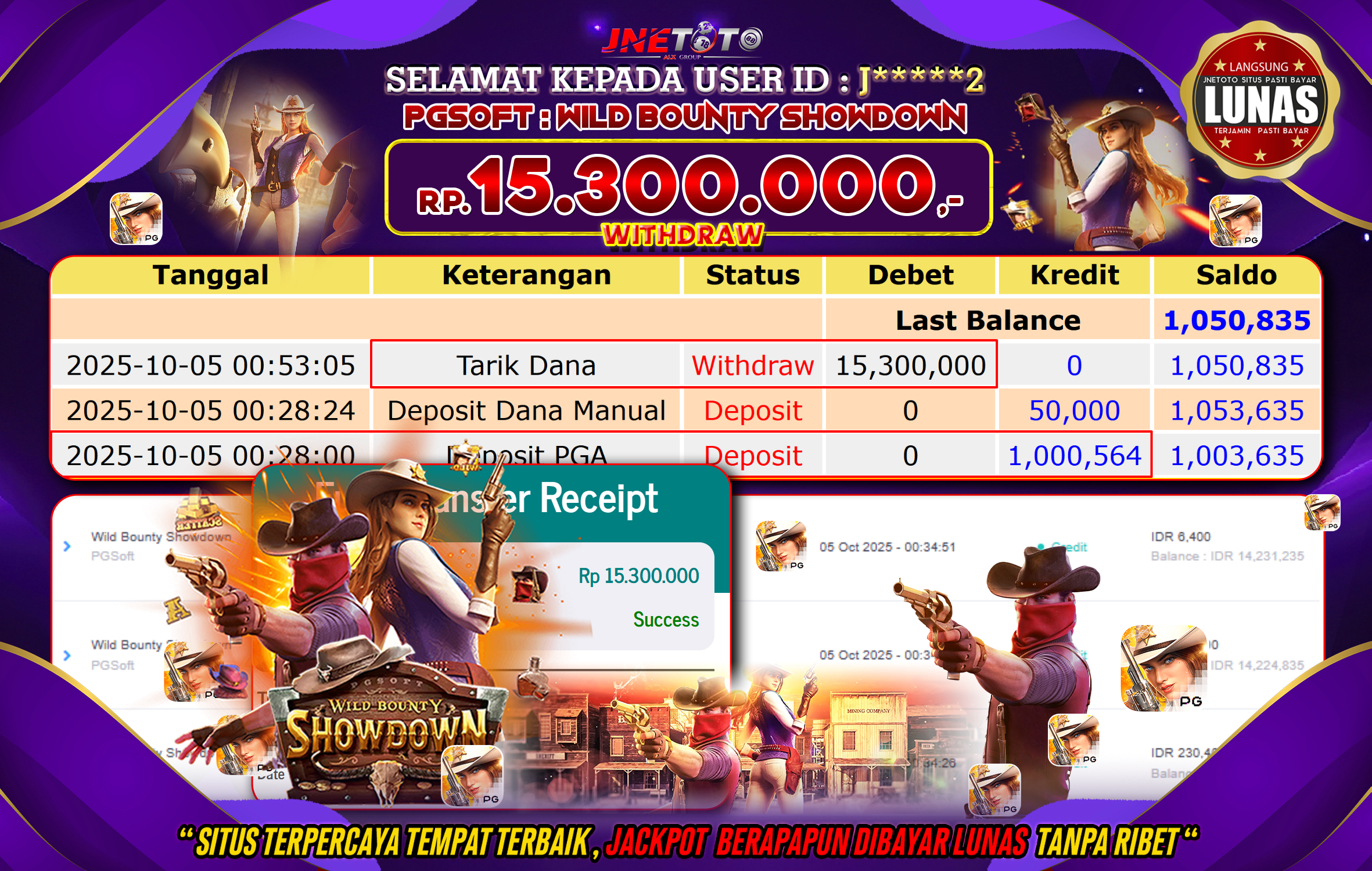 Bukti Jackpot JNETOTO di PG SOFT : Wild Bounty Showdown Rp,15.300.000 LUNAS!