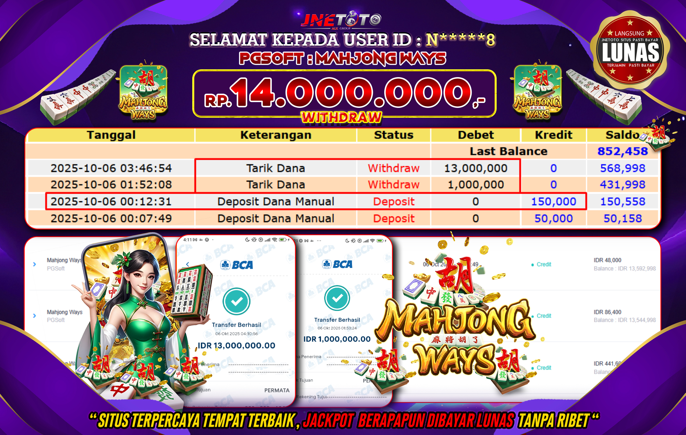 Bukti Jackpot JNETOTO di PG SOFT : Mahjong Ways Rp,14.000.000 LUNAS!