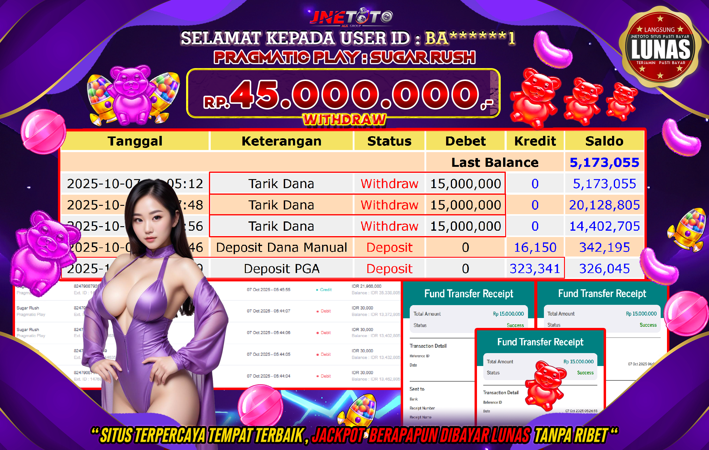 Bukti Jackpot JNETOTO di PRAGMATIC PLAY : Sugar Rush Rp,45.000.000 LUNAS!