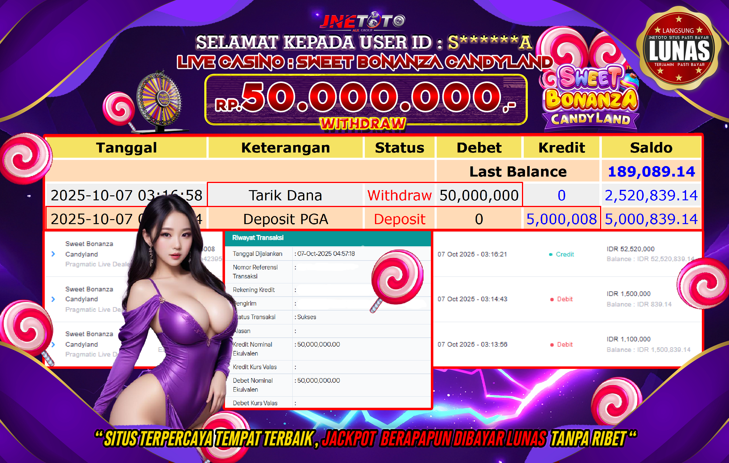 Bukti Jackpot JNETOTO di LIVE CASINO : Sweet Bonanza Candy Land Rp,50.000.000 LUNAS!