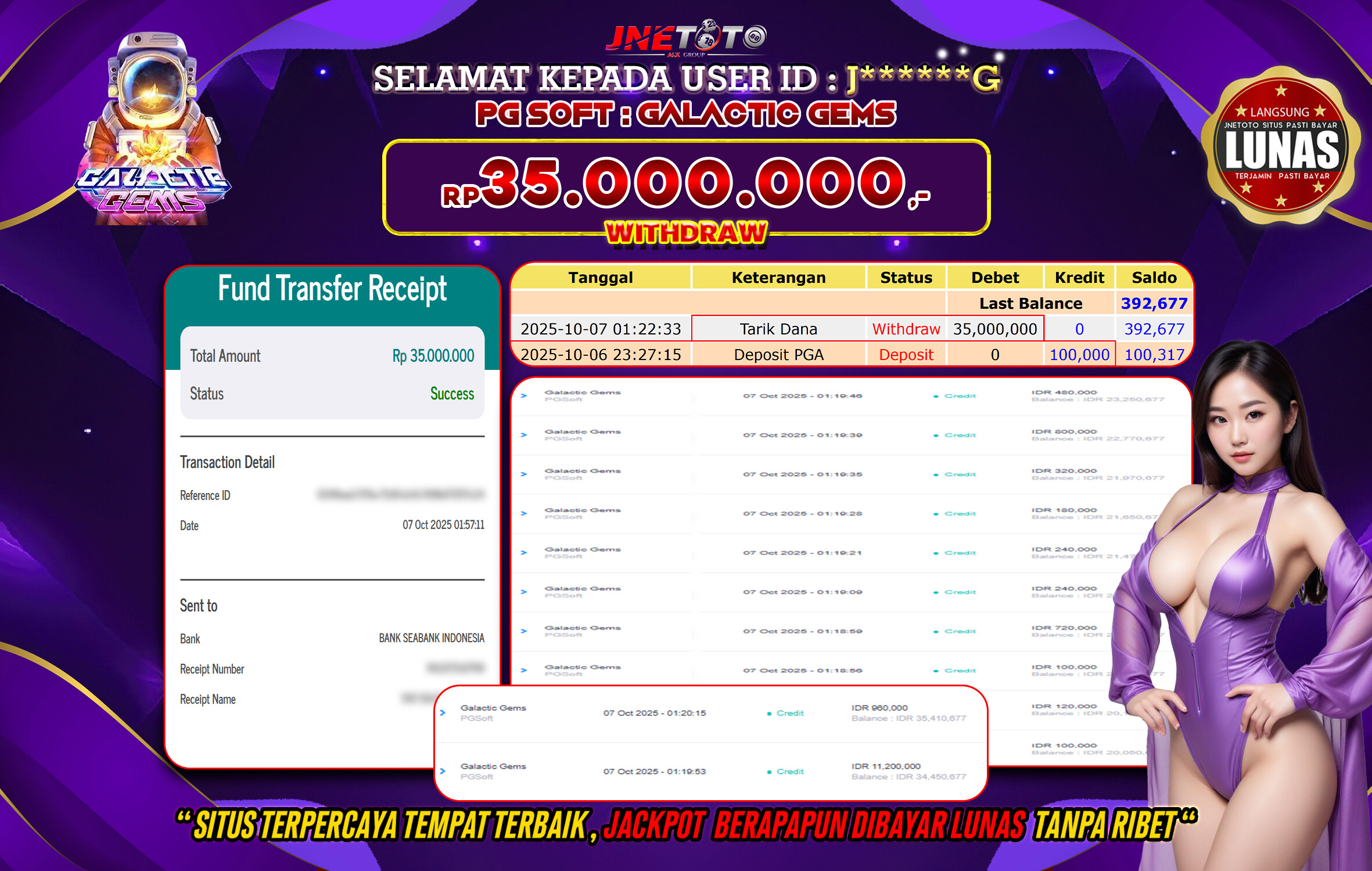 Bukti Jackpot JNETOTO di PG SOFT : Galactic Gems Rp,35.000.000 LUNAS!