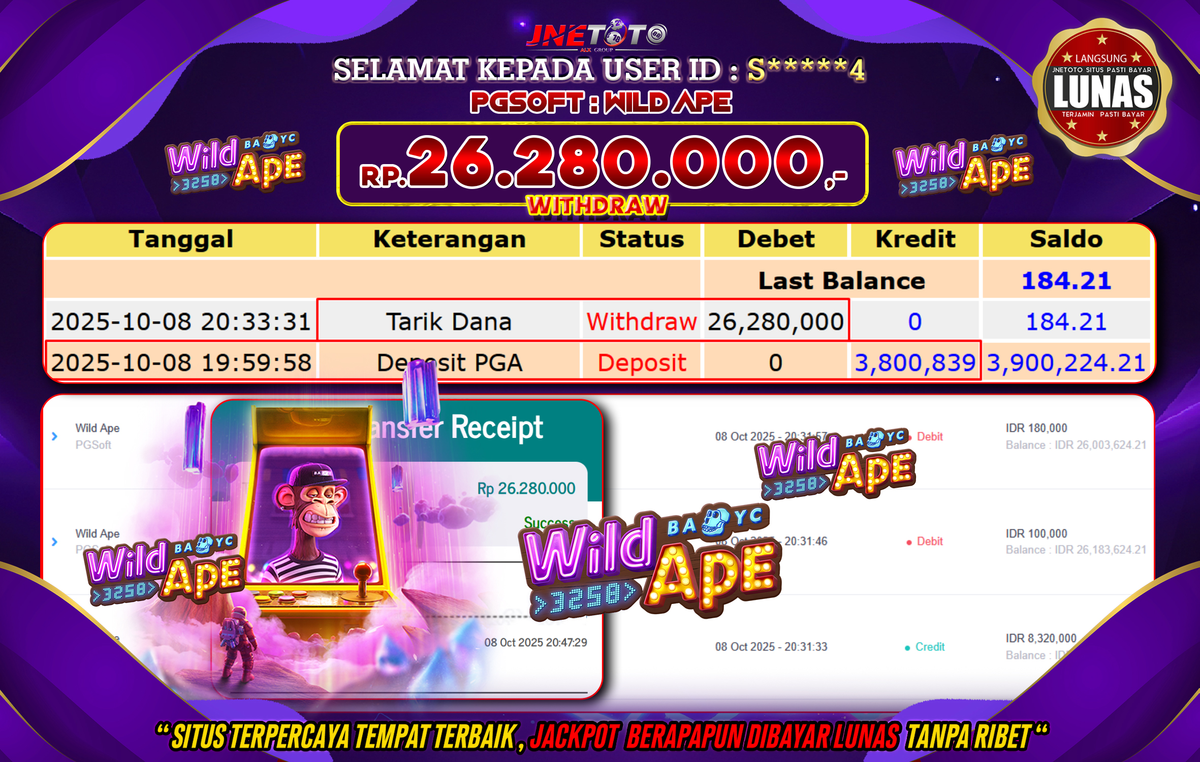 Bukti Jackpot JNETOTO di PG SOFT : Wild Ape Rp,26.280.000 LUNAS!