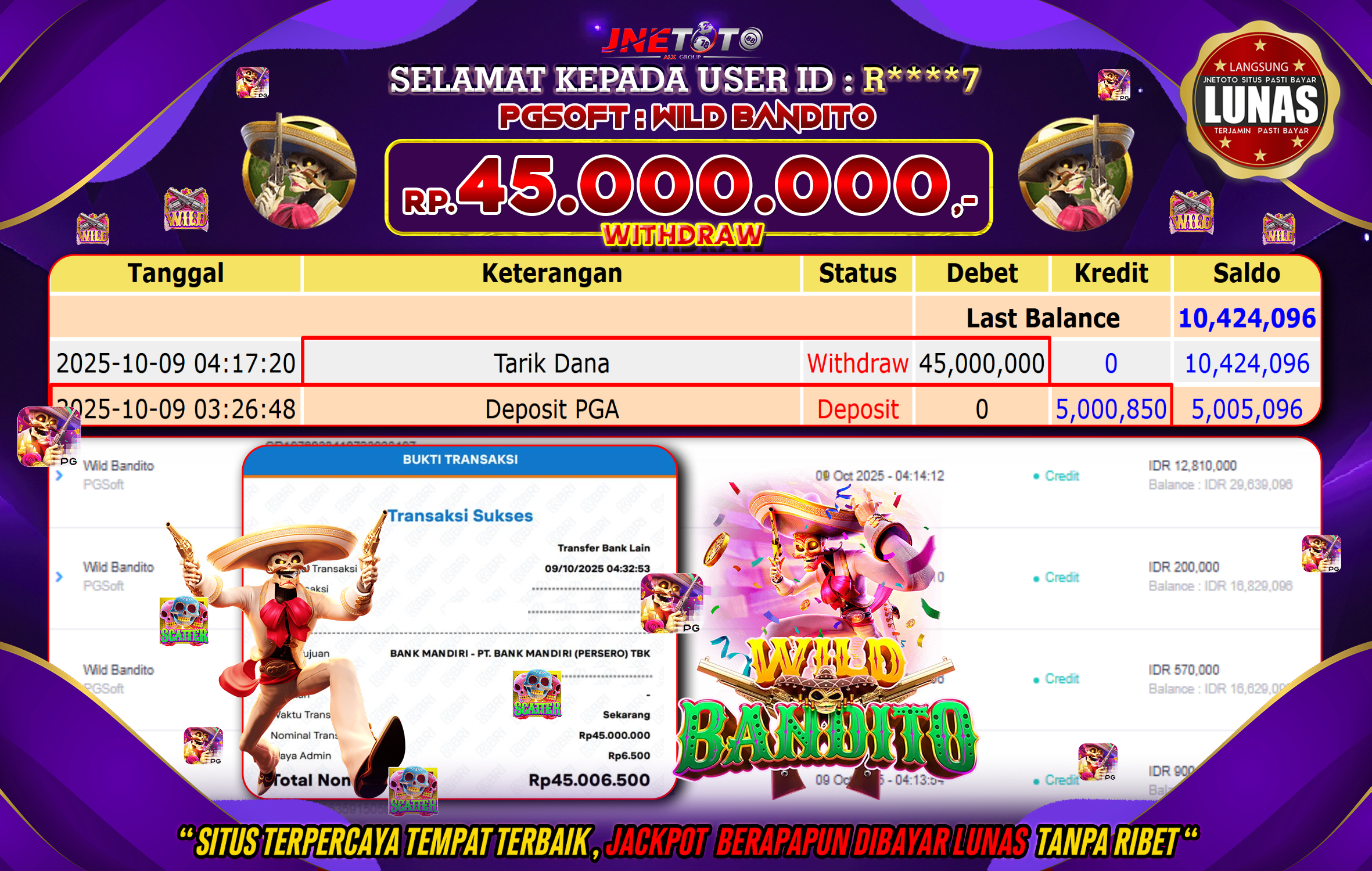 Bukti Jackpot JNETOTO di PG SOFT : Wild Bandito Rp,45.000.000 LUNAS!