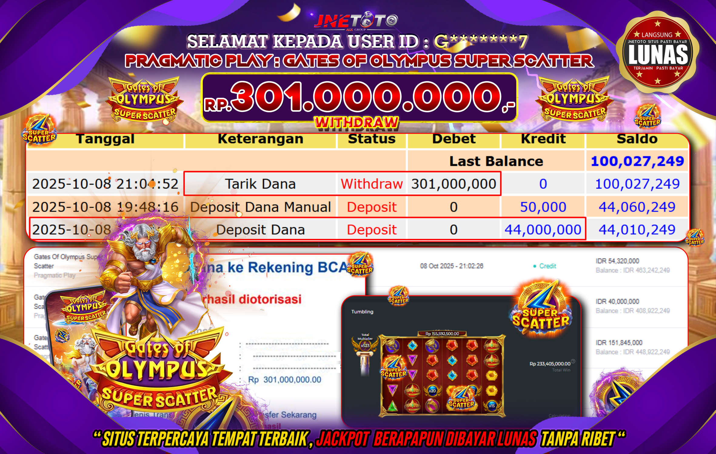 Bukti Jackpot JNETOTO di PRAGMATIC PLAY : Gates Of Olympus Super Scatter Rp,301.000.000 LUNAS!