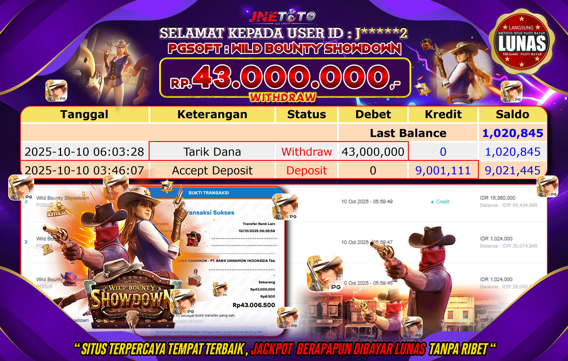 Bukti Jackpot JNETOTO di PG SOFT : Wild Bounty Showdown Rp,43.000.000 LUNAS!