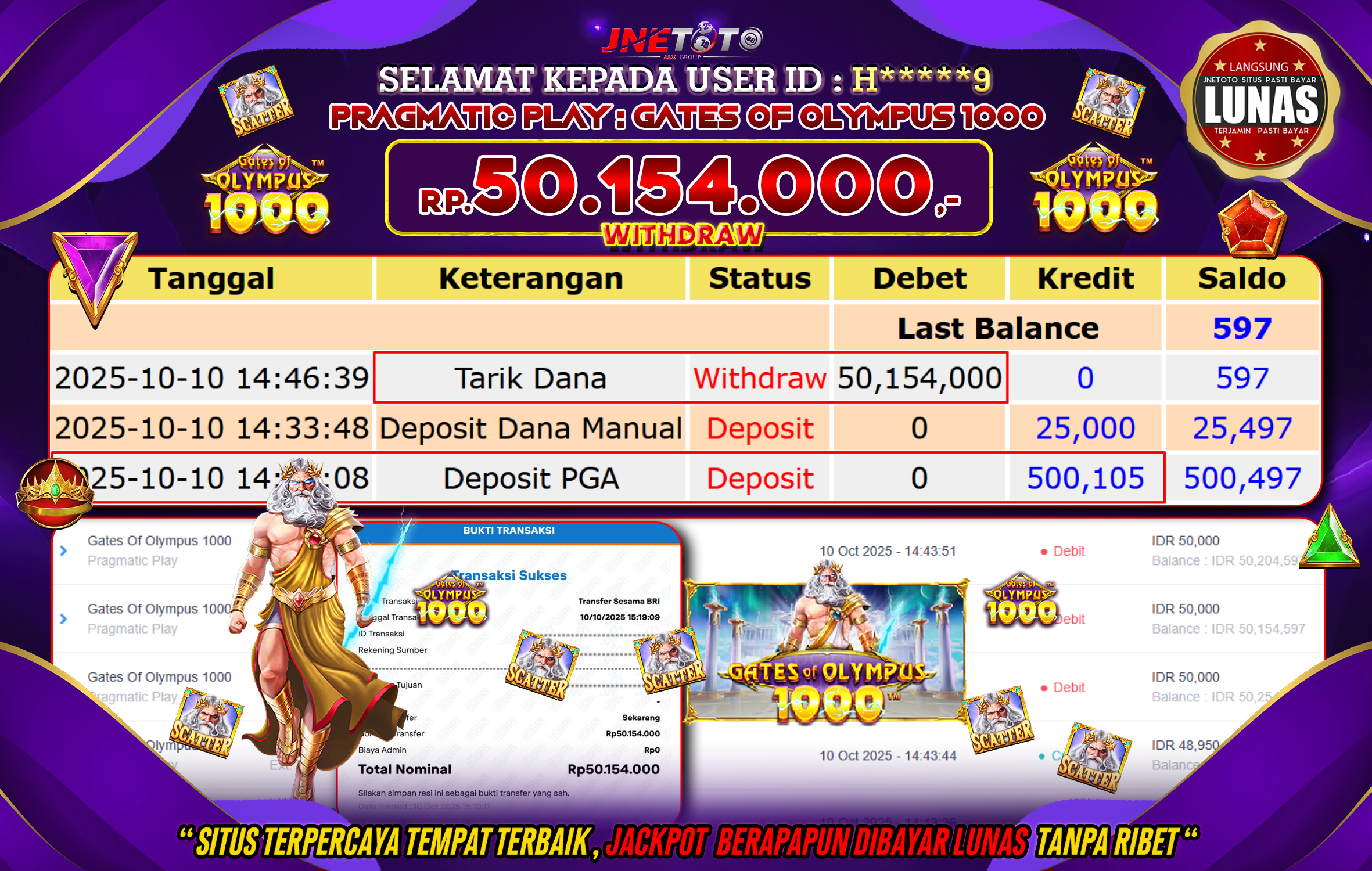 Bukti Jackpot JNETOTO di PRAGMATIC PLAY : Gates Of Olympus 1000 Rp,50.154.000 LUNAS!