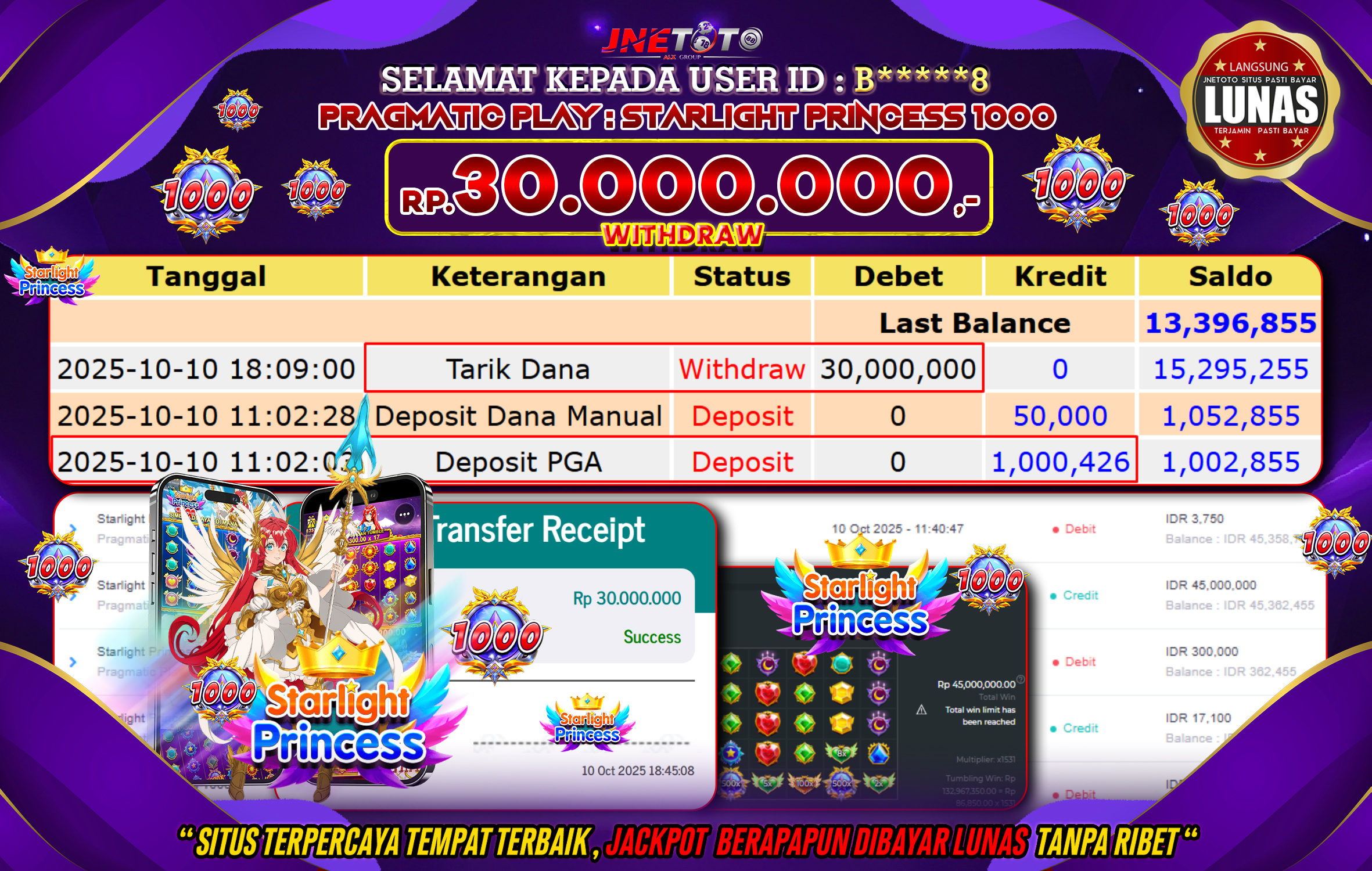 Bukti Jackpot JNETOTO di PRAGMATIC PLAY : Starlight Princess 1000 Rp,30.000.000 LUNAS!