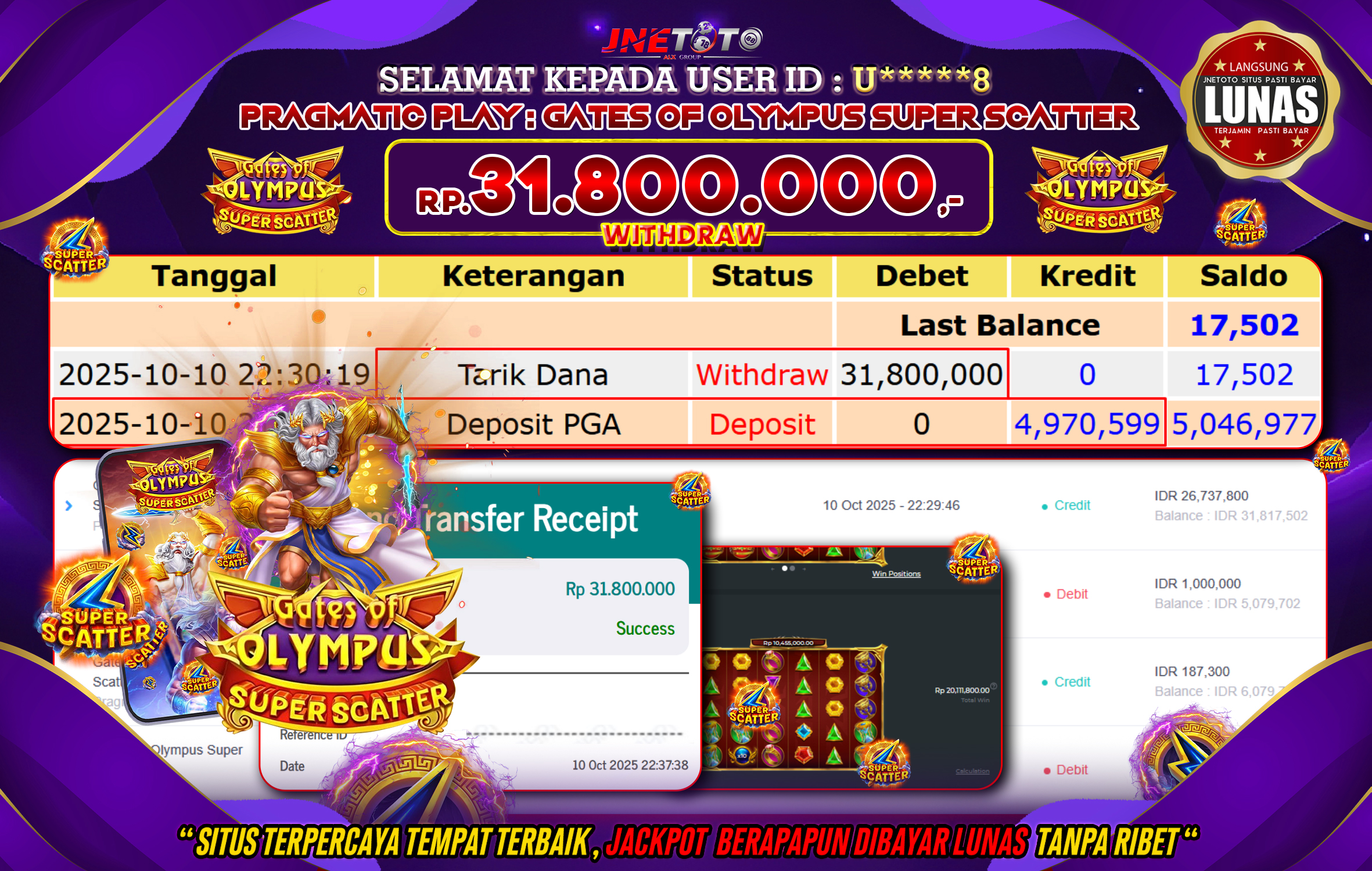 Bukti Jackpot JNETOTO di PRAGMATIC PLAY : Gates Of Oympus Super Scatter Rp,31.800.000 LUNAS!