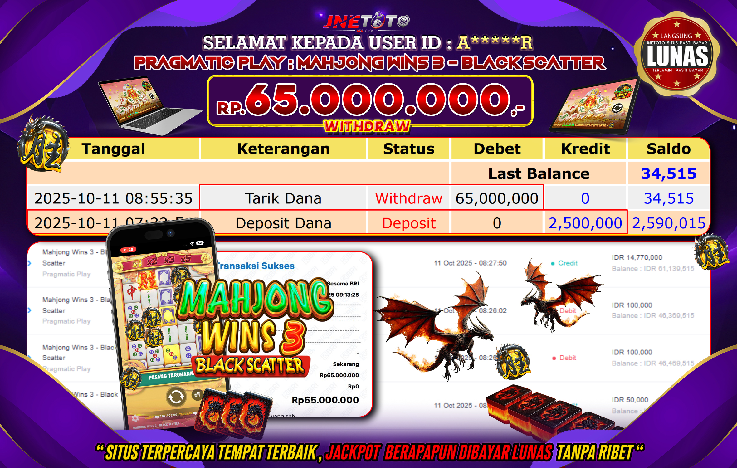 Bukti Jackpot JNETOTO di PRAGMATIC PLAY : Mahjong Wins 3 - Black Scatter Rp,65.000.000 LUNAS!