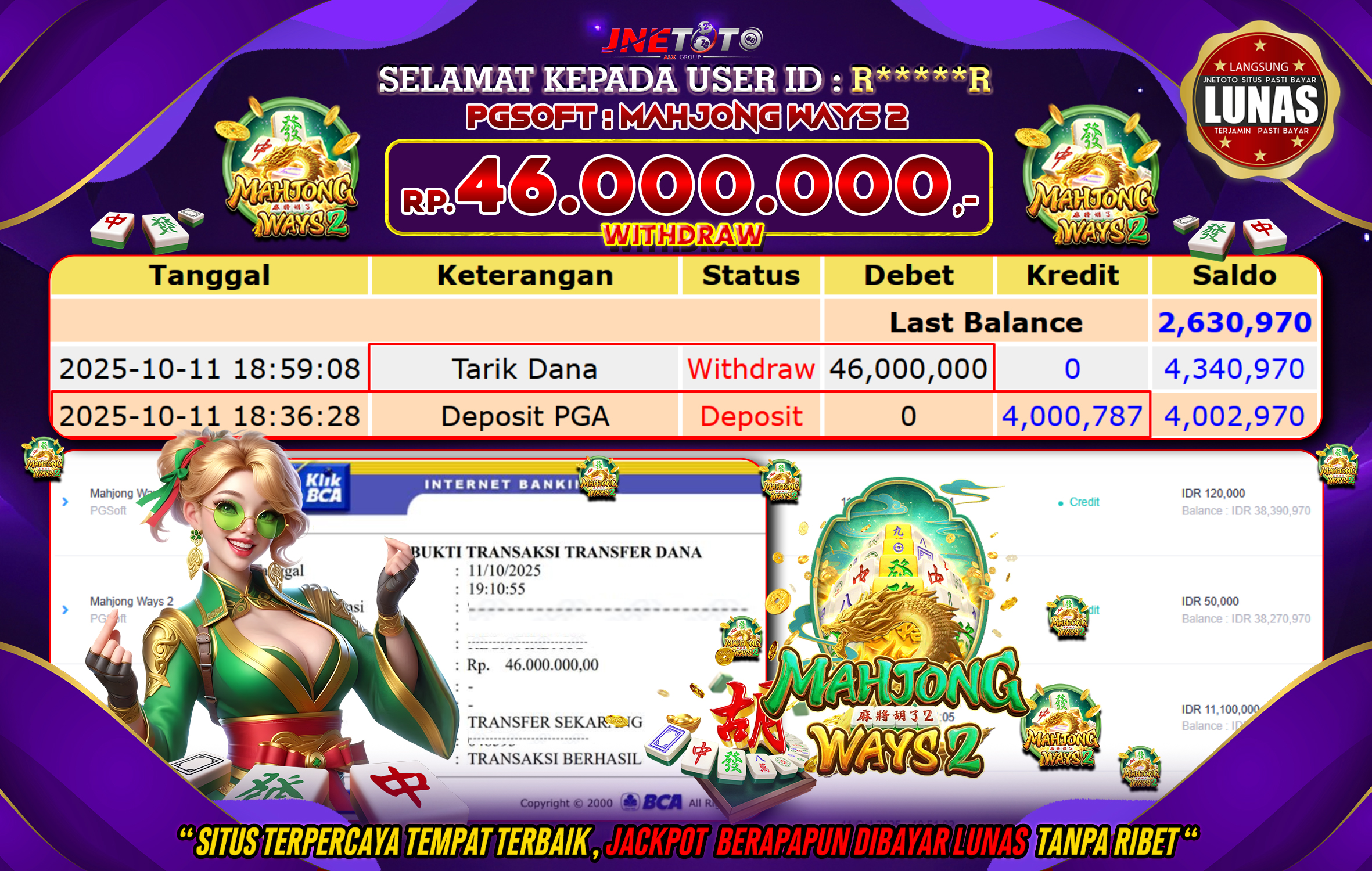 Bukti Jackpot JNETOTO di PZG SOFT : Mahjong Ways 2 Rp,46.000.000 LUNAS!