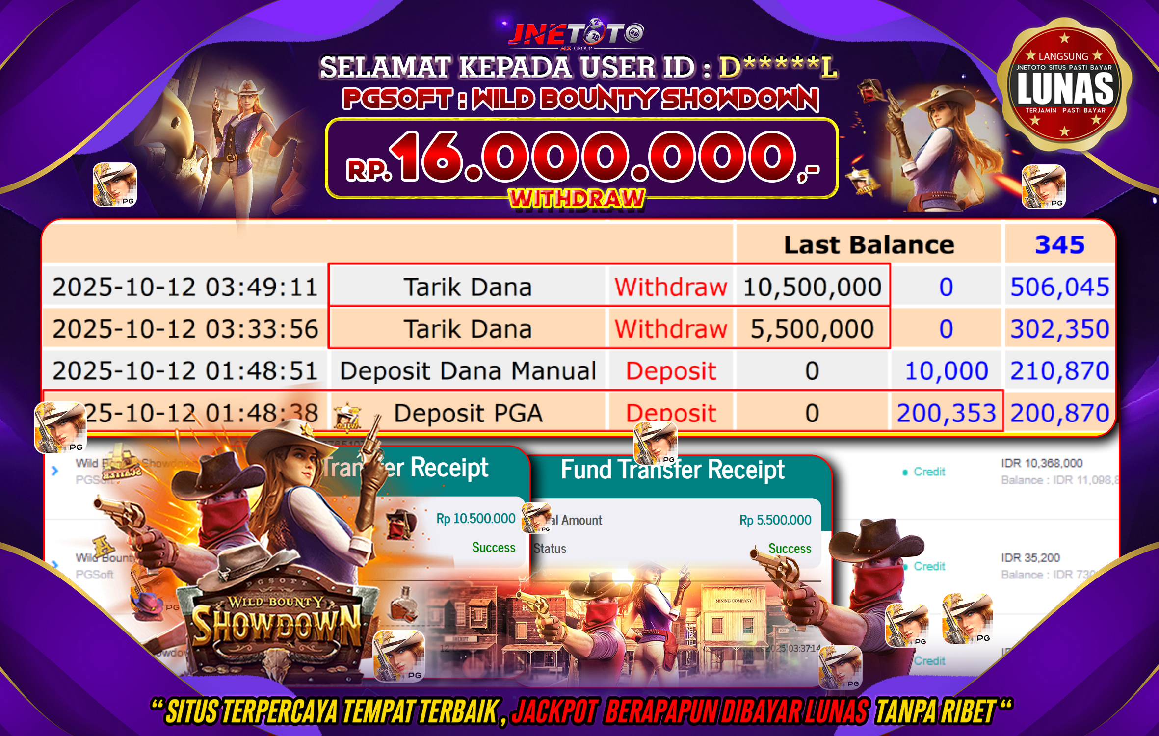 Bukti Jackpot JNETOTO di PG SOFT : Wild Bounty Showdown Rp,16.000.000 LUNAS!