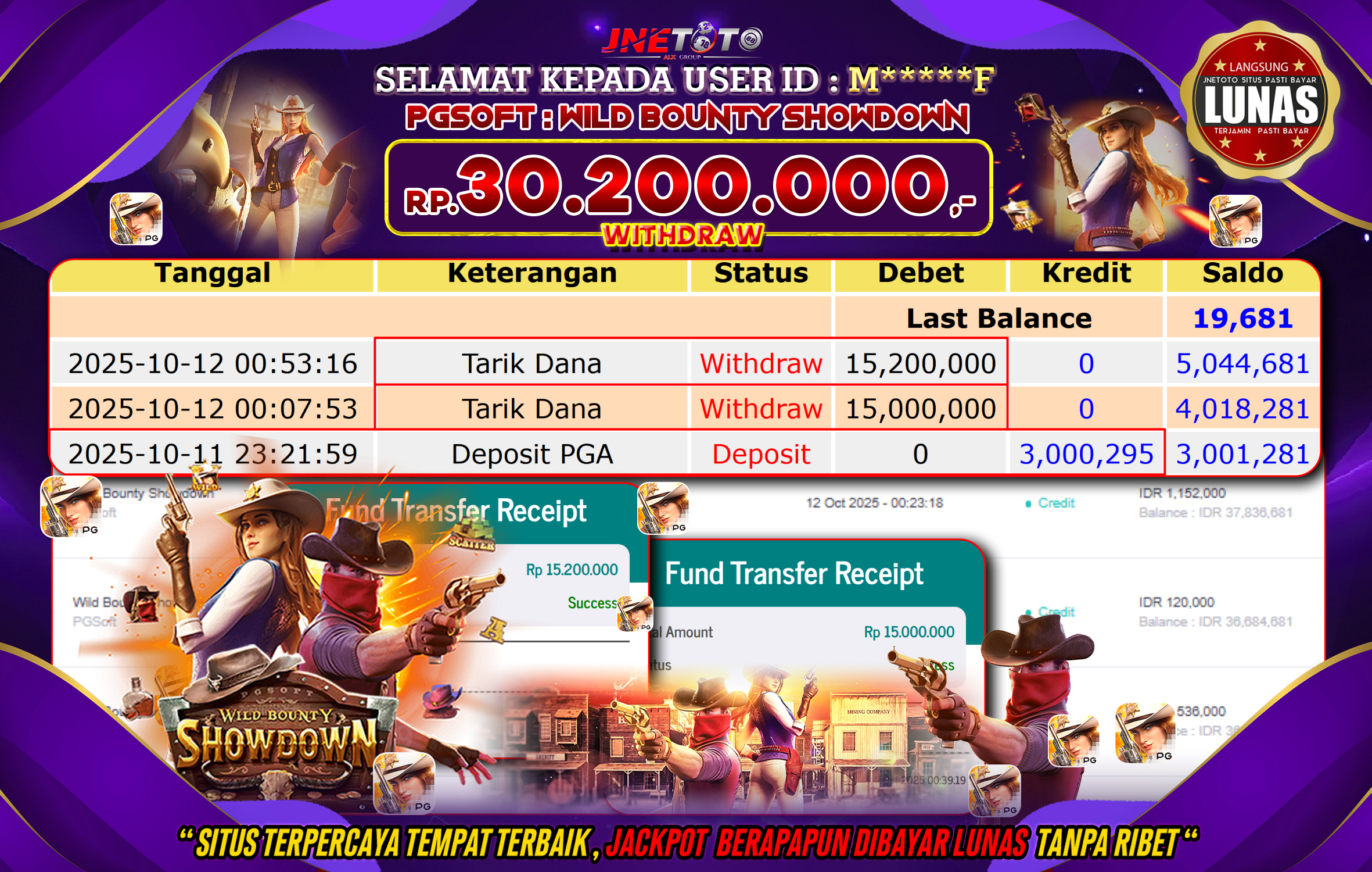 Bukti Jackpot JNETOTO di PG SOFT : Wild Bounty Showdown Rp,30.200.000 LUNAS!