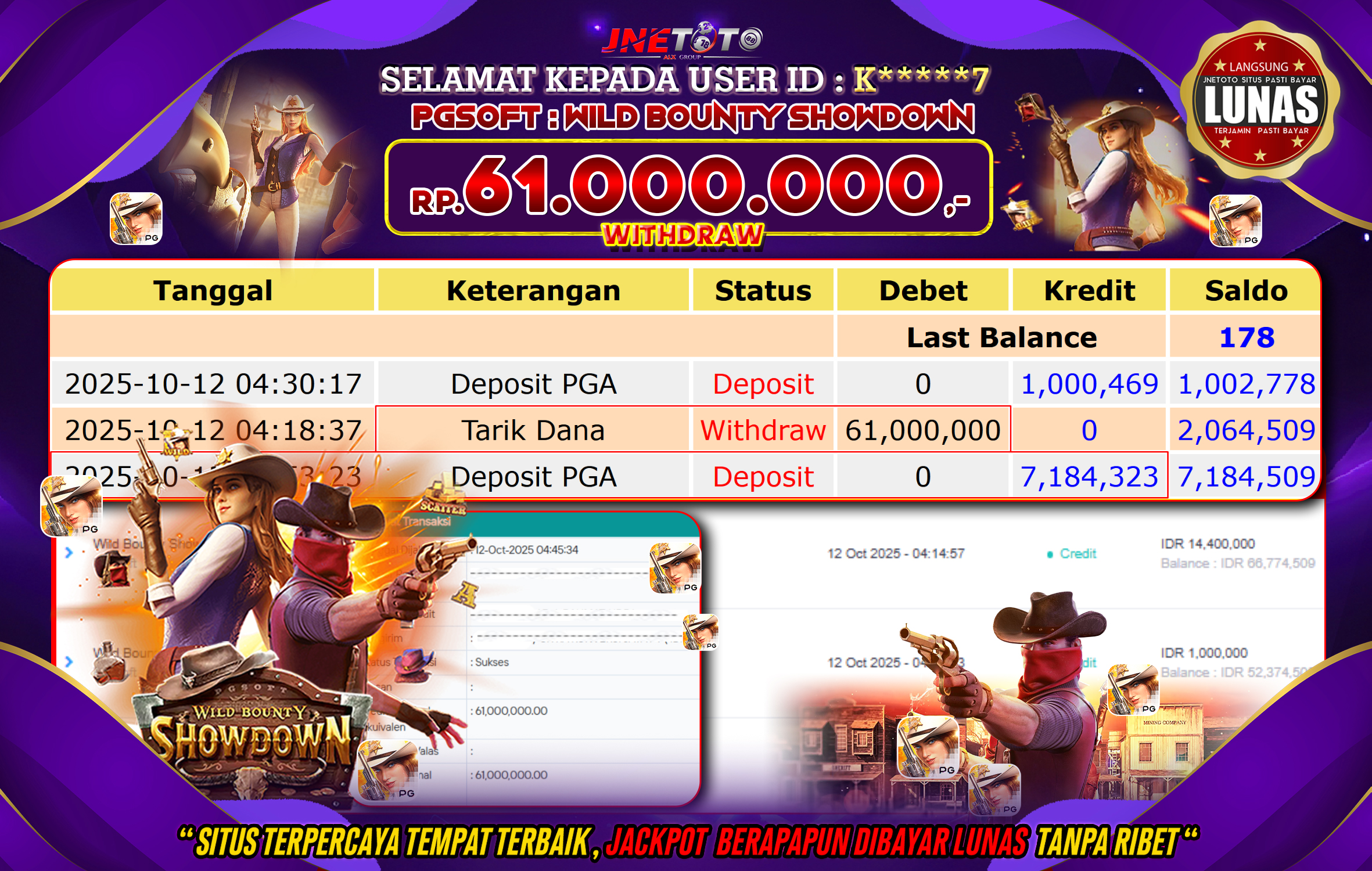 Bukti Jackpot JNETOTO di PG SOFT : Wild Bounty Showdown Rp,61.000.000 LUNAS!