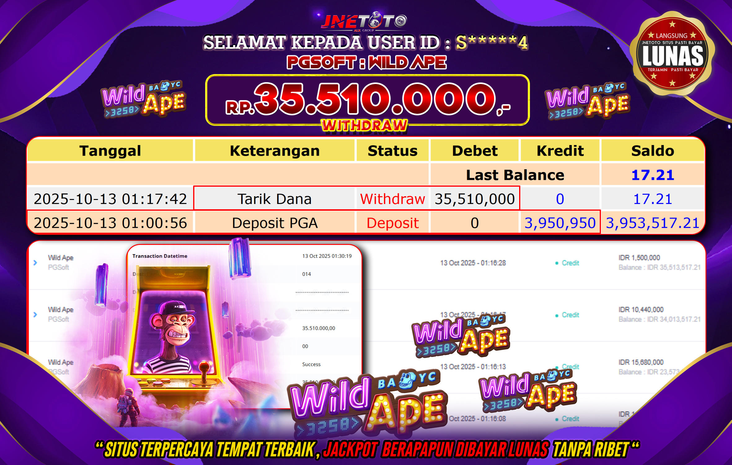 Bukti Jackpot JNETOTO di PG SOFT : Wild Ape Rp,35.510.000 LUNAS!