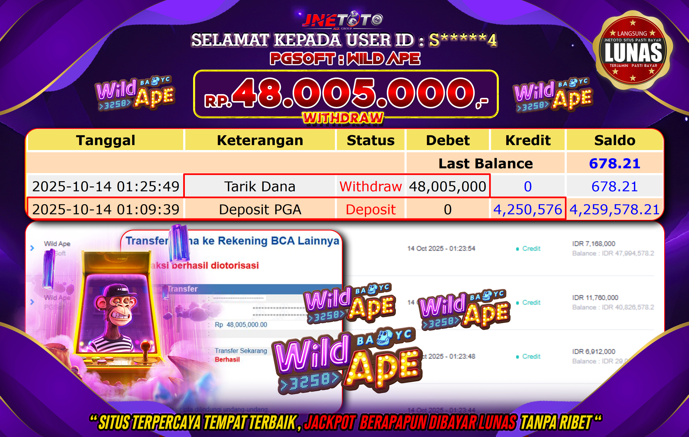Bukti Jackpot JNETOTO di PG SOFT : Wild Ape Rp,48.005.000 LUNAS!