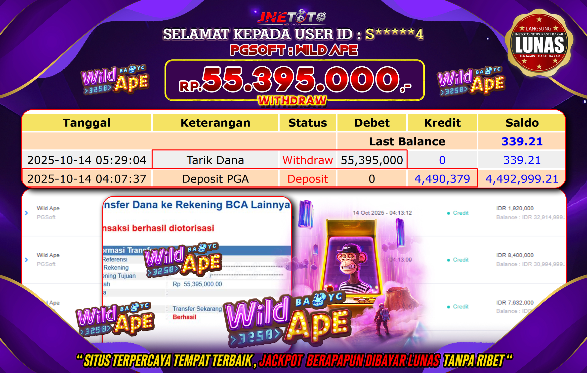 Bukti Jackpot JNETOTO di PG SOFT : Wild Ape Rp,55.395.000 LUNAS!