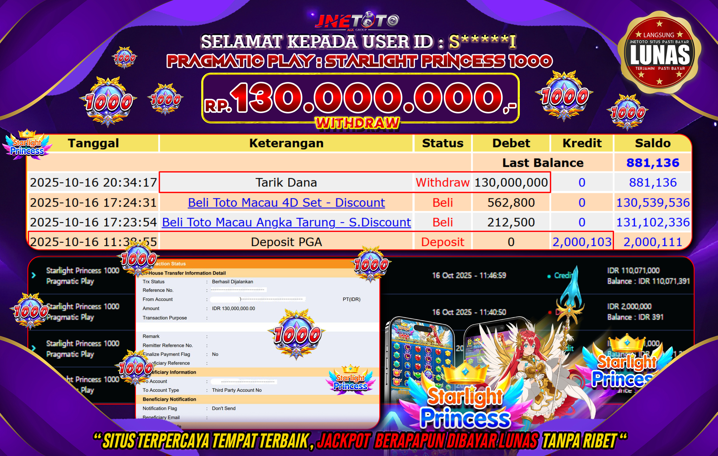 Bukti Jackpot JNETOTO di PRAGMATIC PLAY : Starlight Princess 1000 Rp,130.000.000 LUNAS!