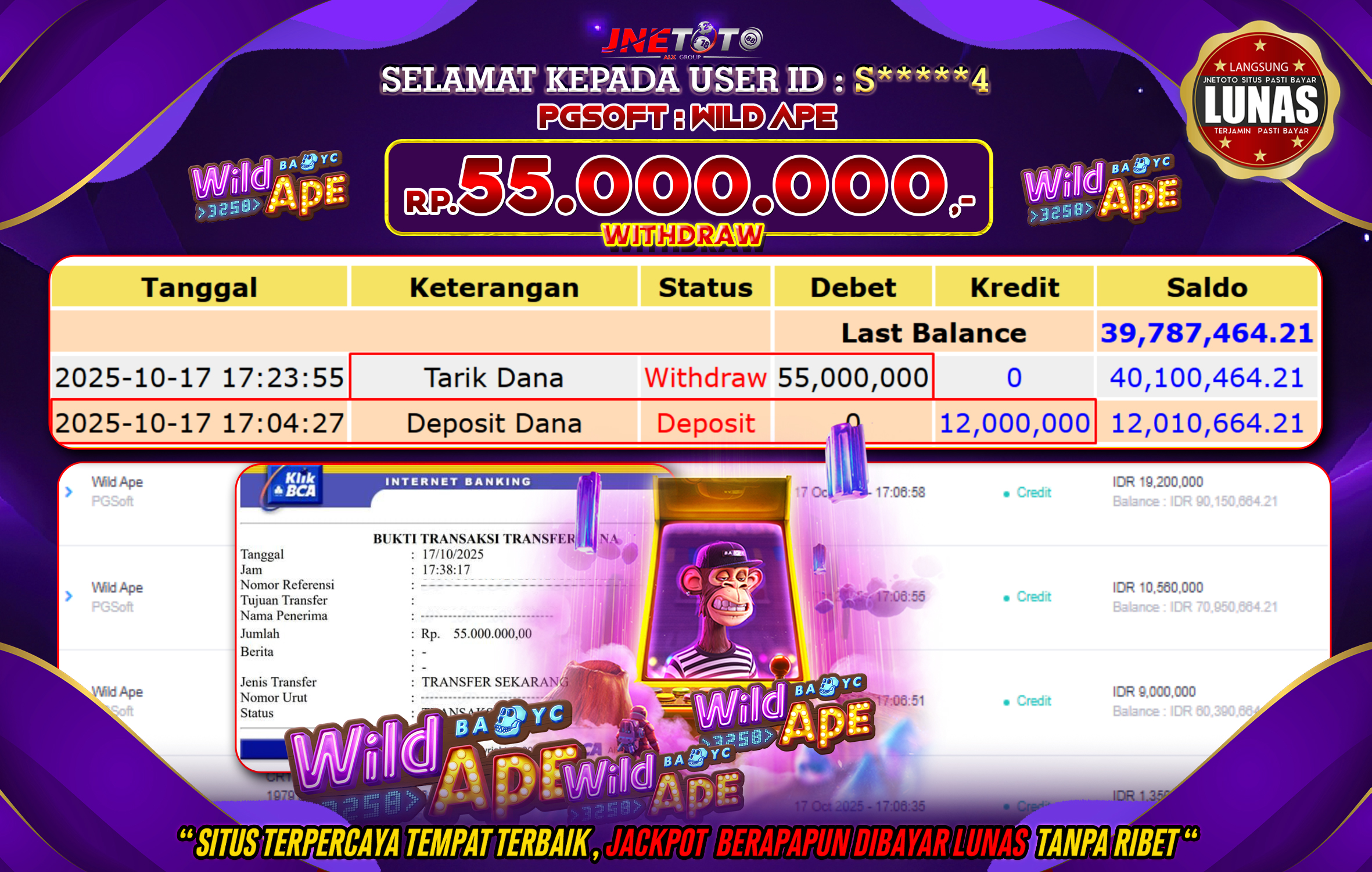 Bukti Jackpot JNETOTO di PG SOFT : Wild Ape Rp,55.000.000 LUNAS!