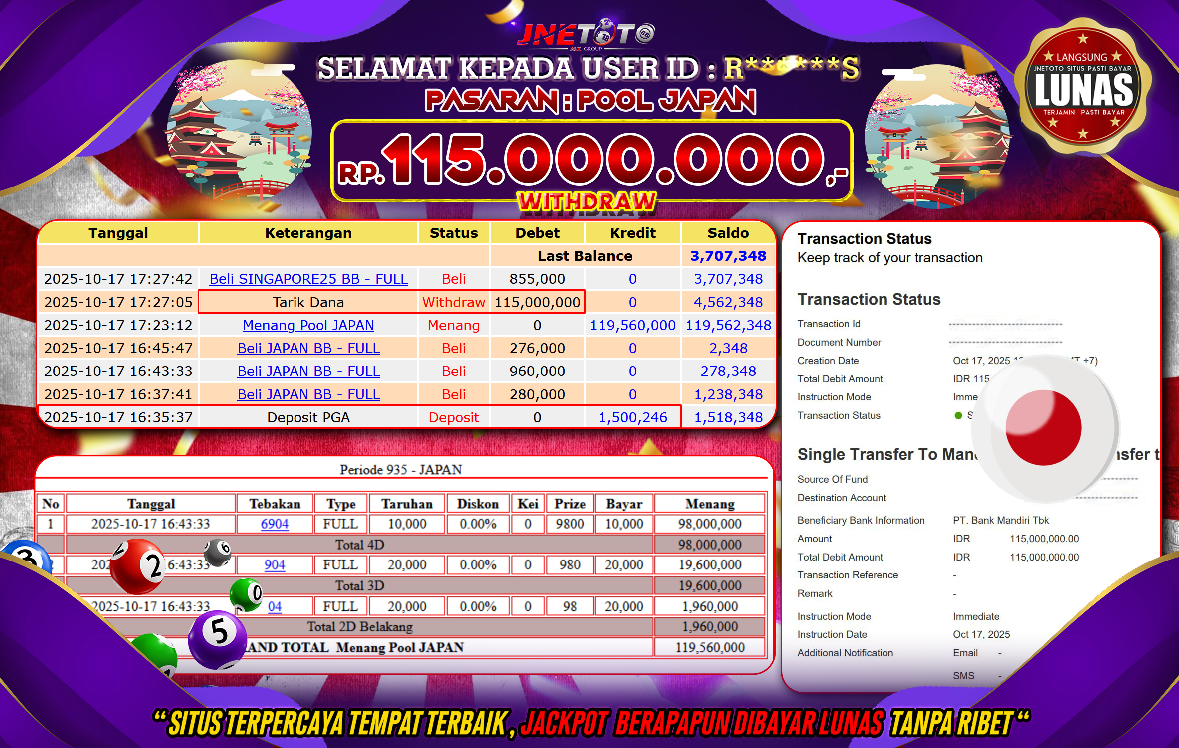 Bukti Jackpot JNETOTO di PASARAN : Pool Japan Rp,115.000.000 LUNAS!