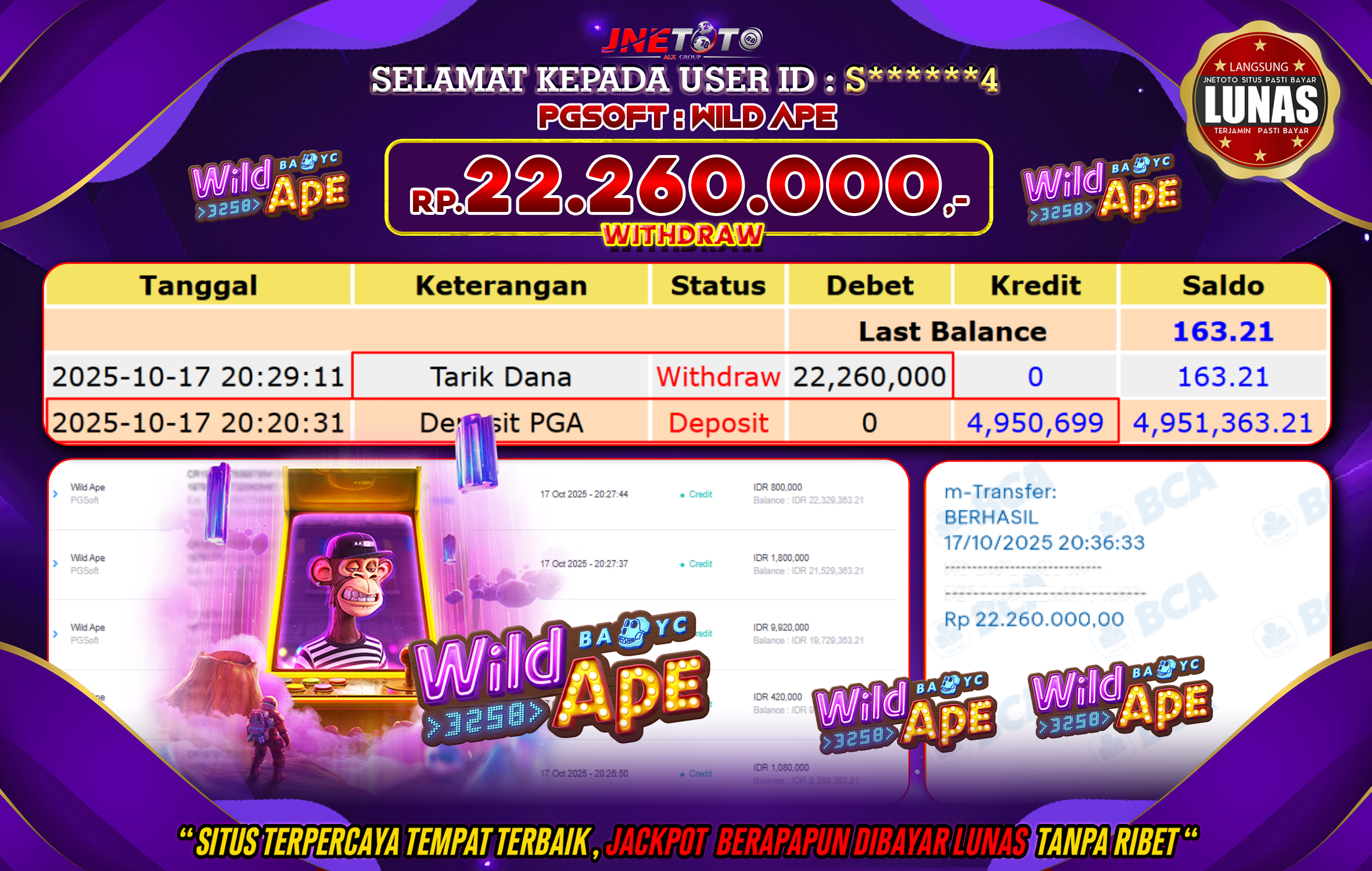 Bukti Jackpot JNETOTO di PG SOFT : Wild Ape Rp,22.260.000 LUNAS!