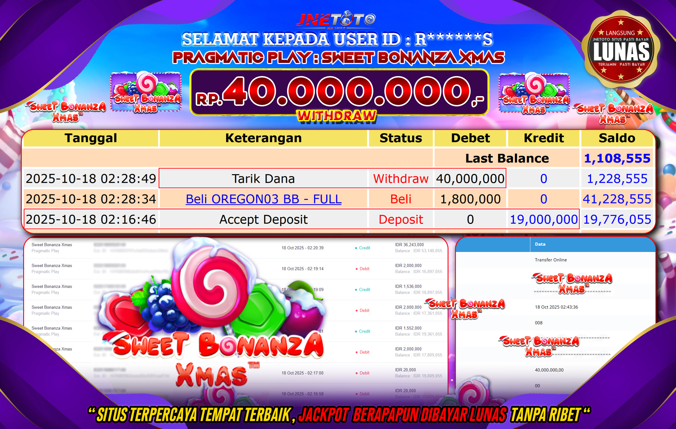 Bukti Jackpot JNETOTO di PRAGMATIC PLAY : Sweet Bonanza Xmas Rp,40.000.000 LUNAS!