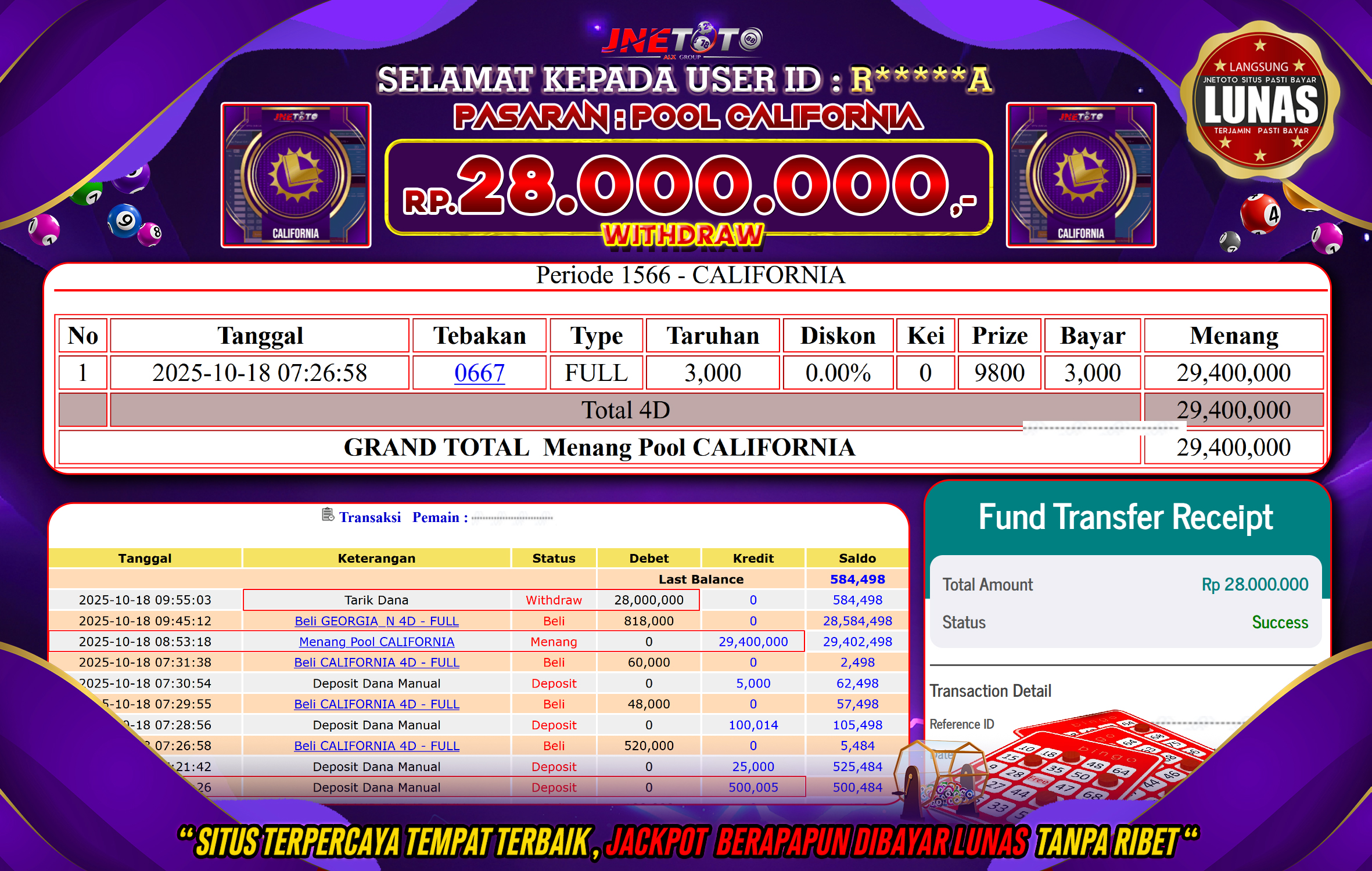Bukti Jackpot JNETOTO di PASARAN : Pool California Rp,28.000.000 LUNAS!