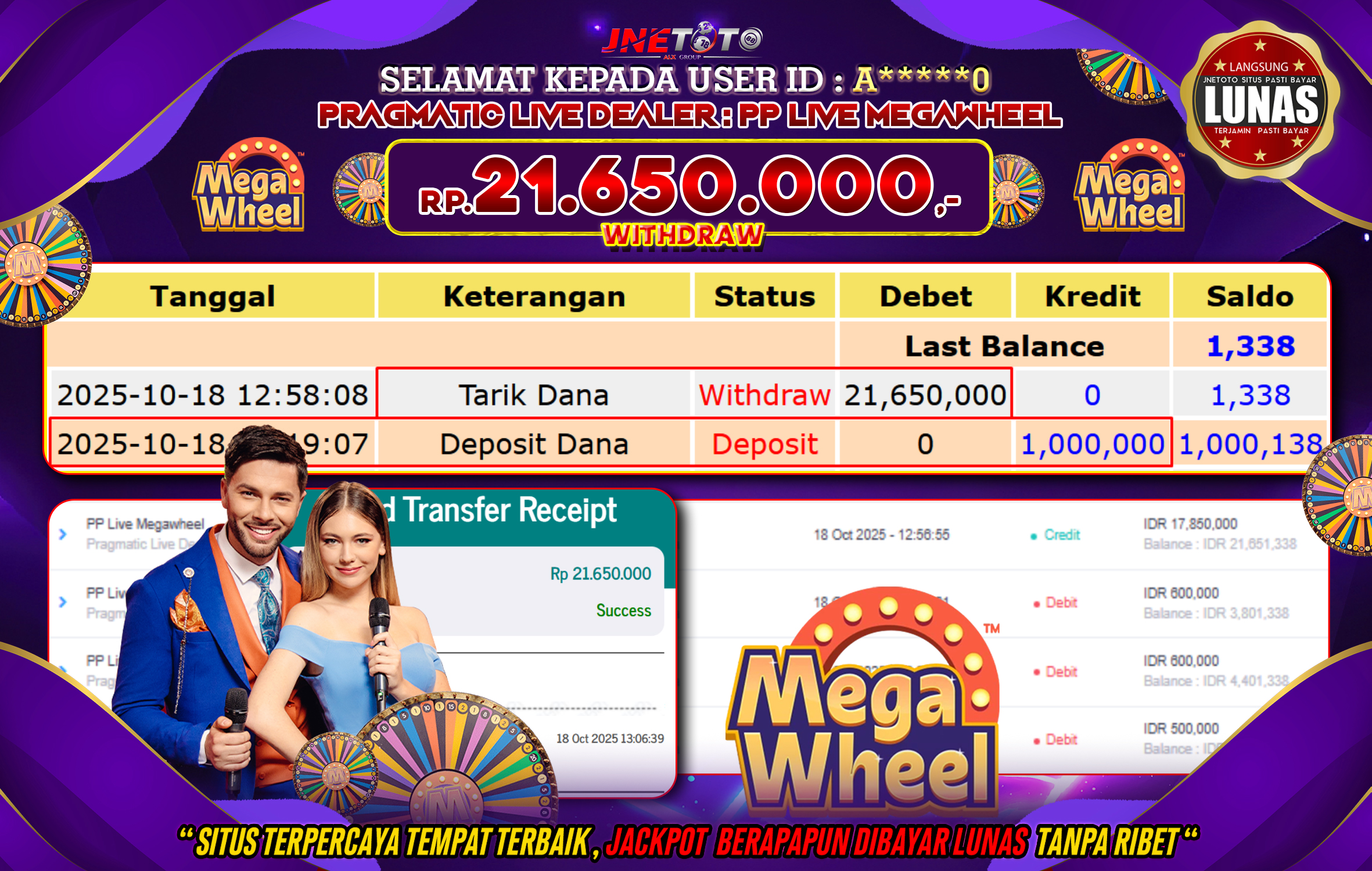 Bukti Jackpot JNETOTO di PRAGMATIC LIVE DEALER : Pp Live Mega Wheel Rp,21.650.000 LUNAS!