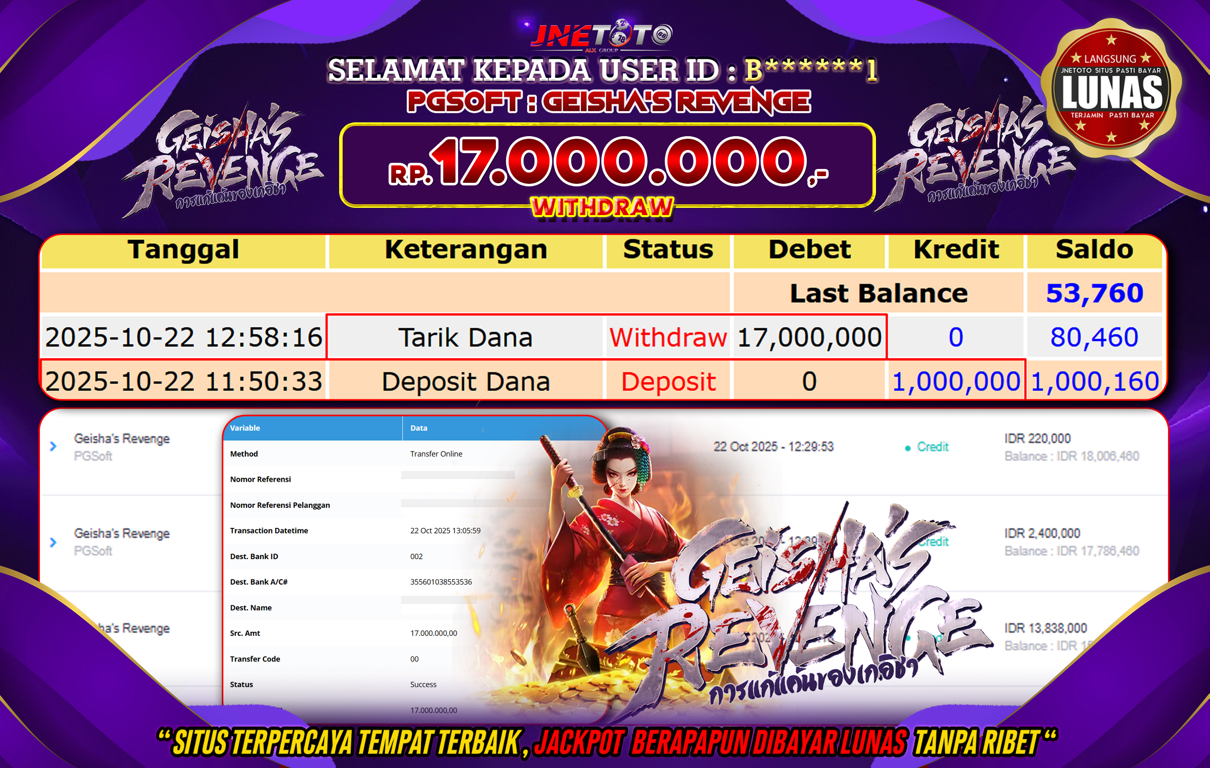 Bukti Jackpot JNETOTO di PGSOFT : Geisha Revenge Rp,17.000.000 LUNAS!