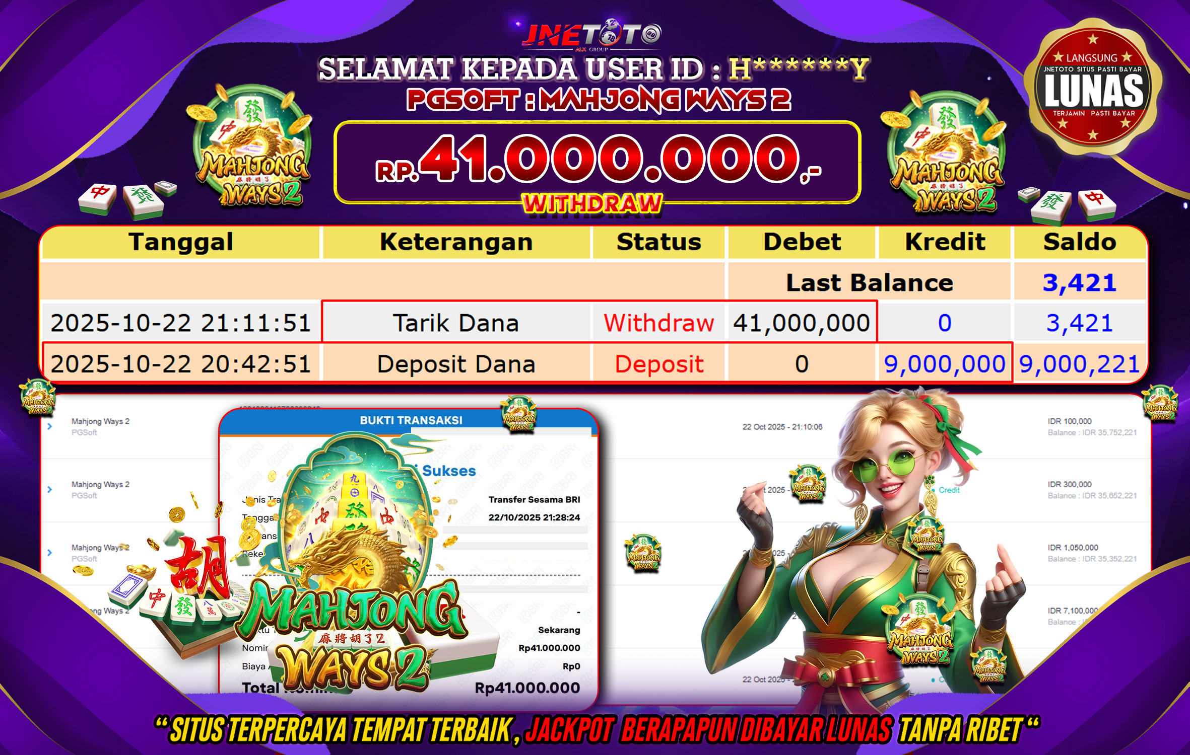 Bukti Jackpot JNETOTO di PG SOFT : Mahjong Ways 2 Rp,41.000.000 LUNAS!