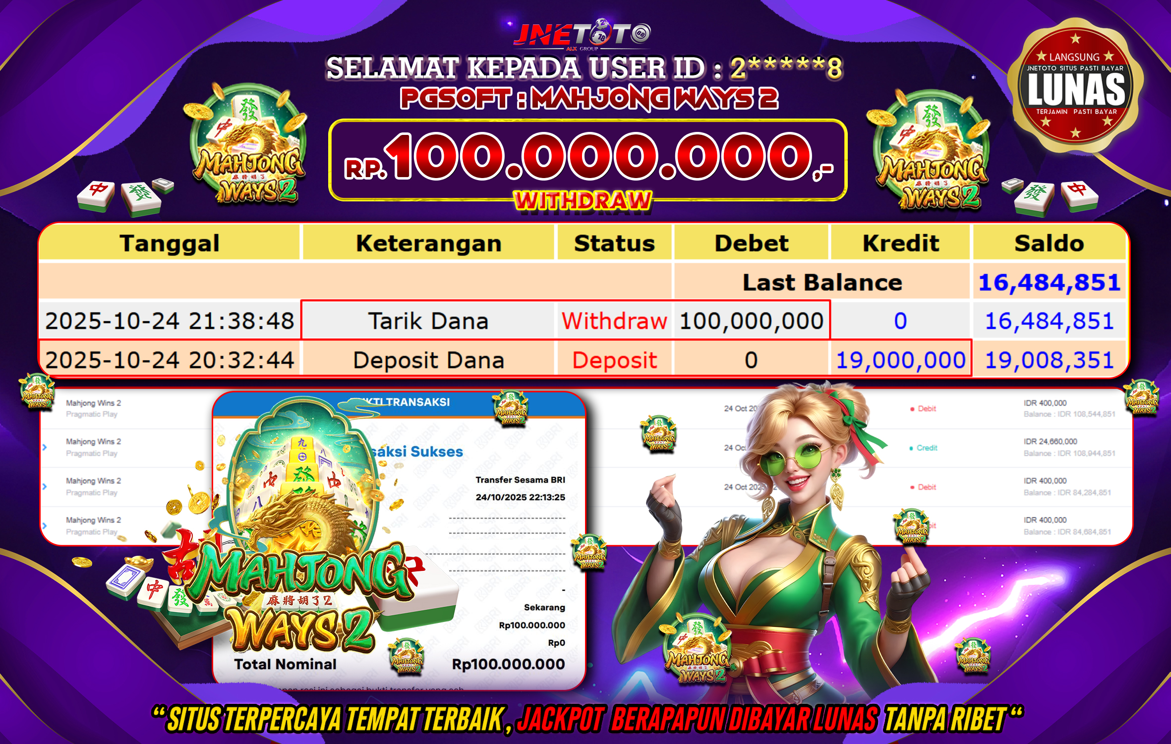 Bukti Jackpot JNETOTO di PG SOFT : Mahjong Ways 2 Rp,100.000.000 LUNAS!